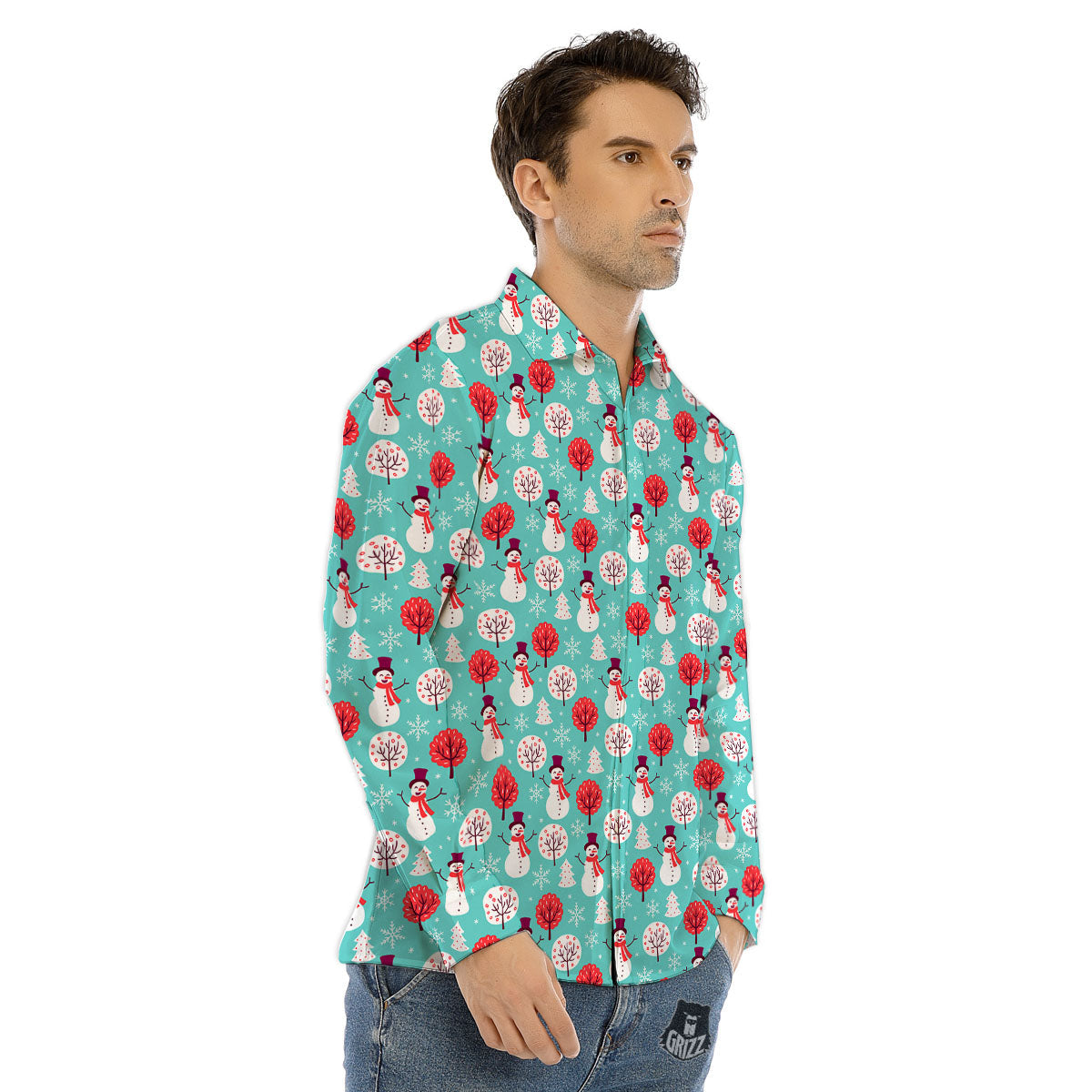Happy Snowman Print Pattern Men's Dress Shirts-grizzshop