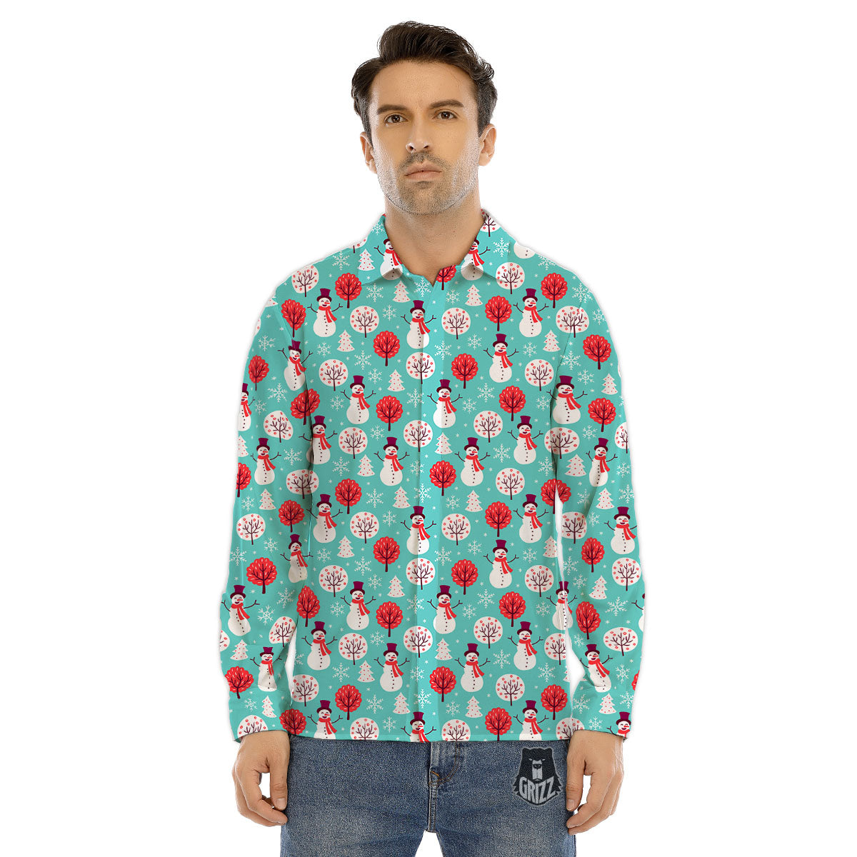 Happy Snowman Print Pattern Men's Dress Shirts-grizzshop