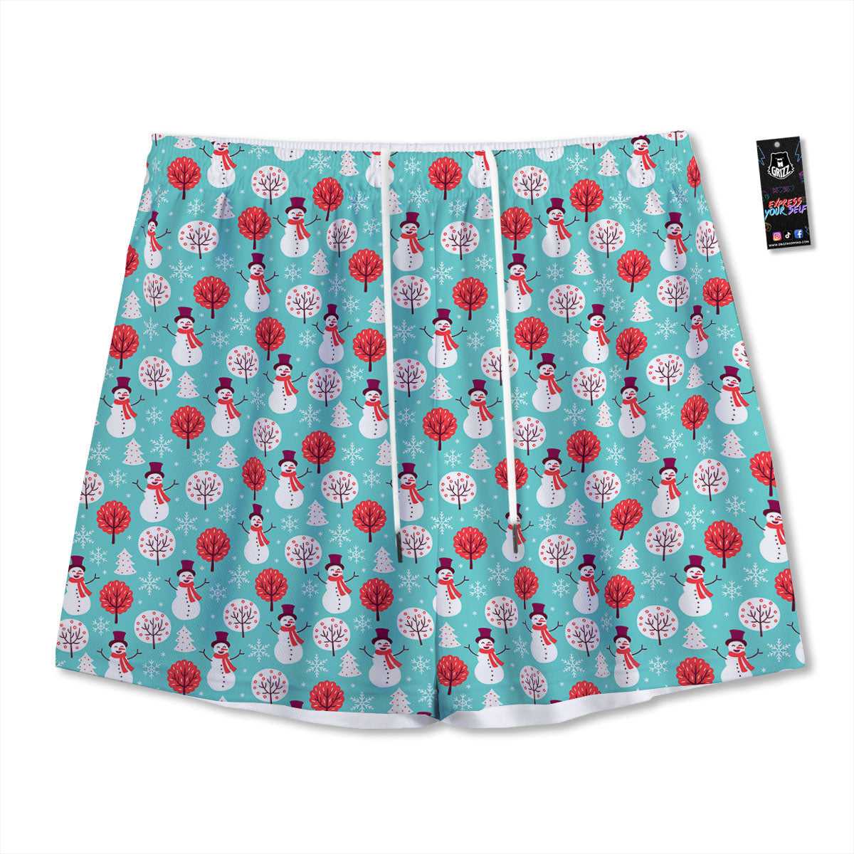 Happy Snowman Print Pattern Mesh Shorts