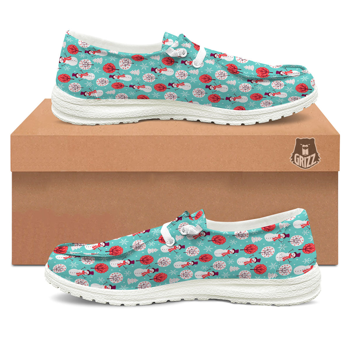 Happy Snowman Print Pattern White Loafers-grizzshop