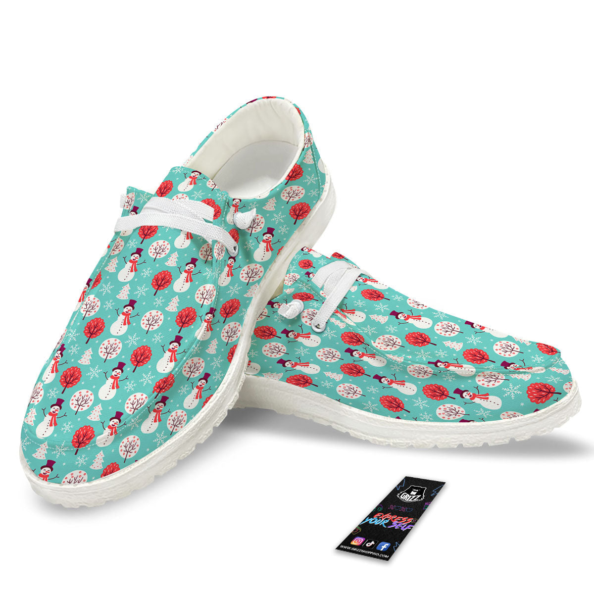 Happy Snowman Print Pattern White Loafers-grizzshop