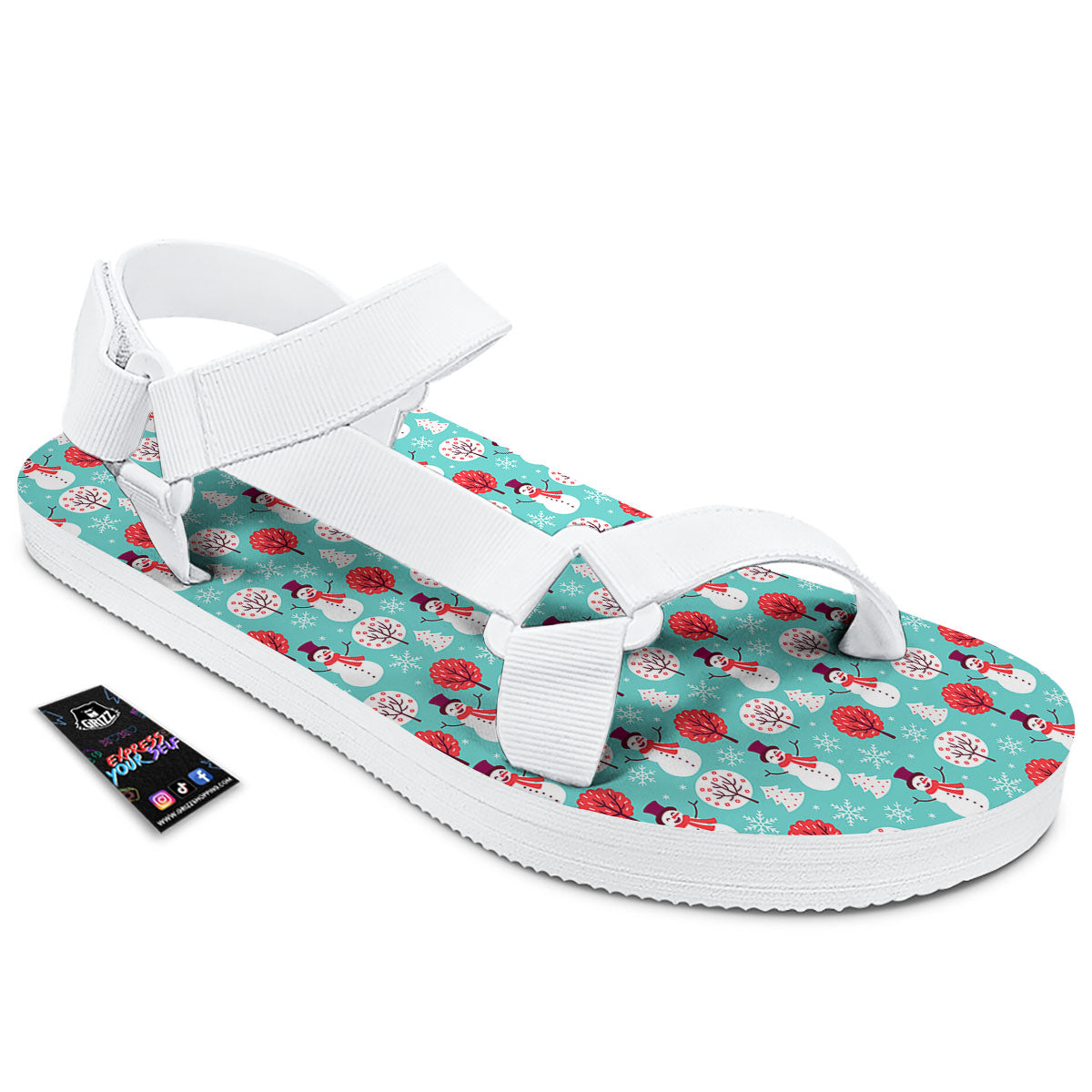 Happy Snowman Print Pattern White Open Toe Sandals-grizzshop