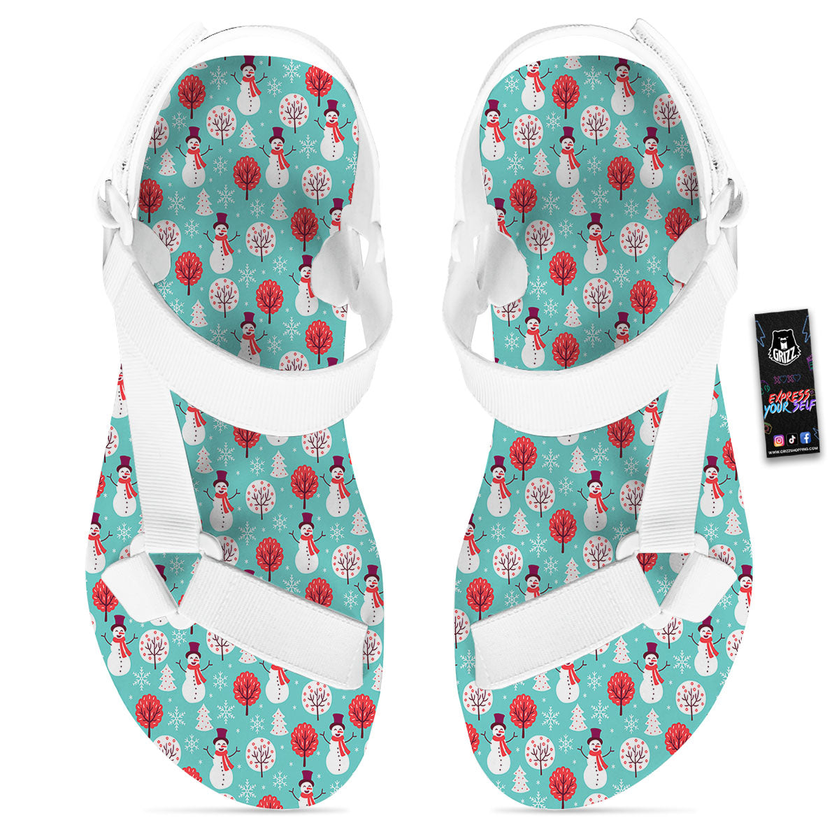 Happy Snowman Print Pattern White Open Toe Sandals-grizzshop