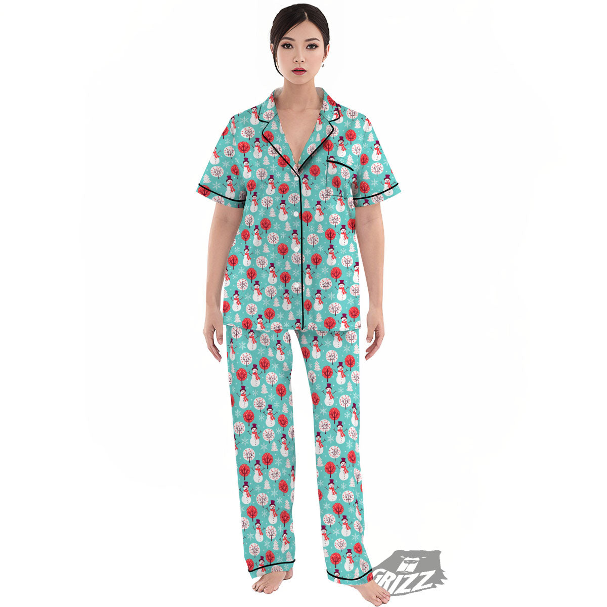 Happy Snowman Print Pattern Women's Pajamas Set-grizzshop