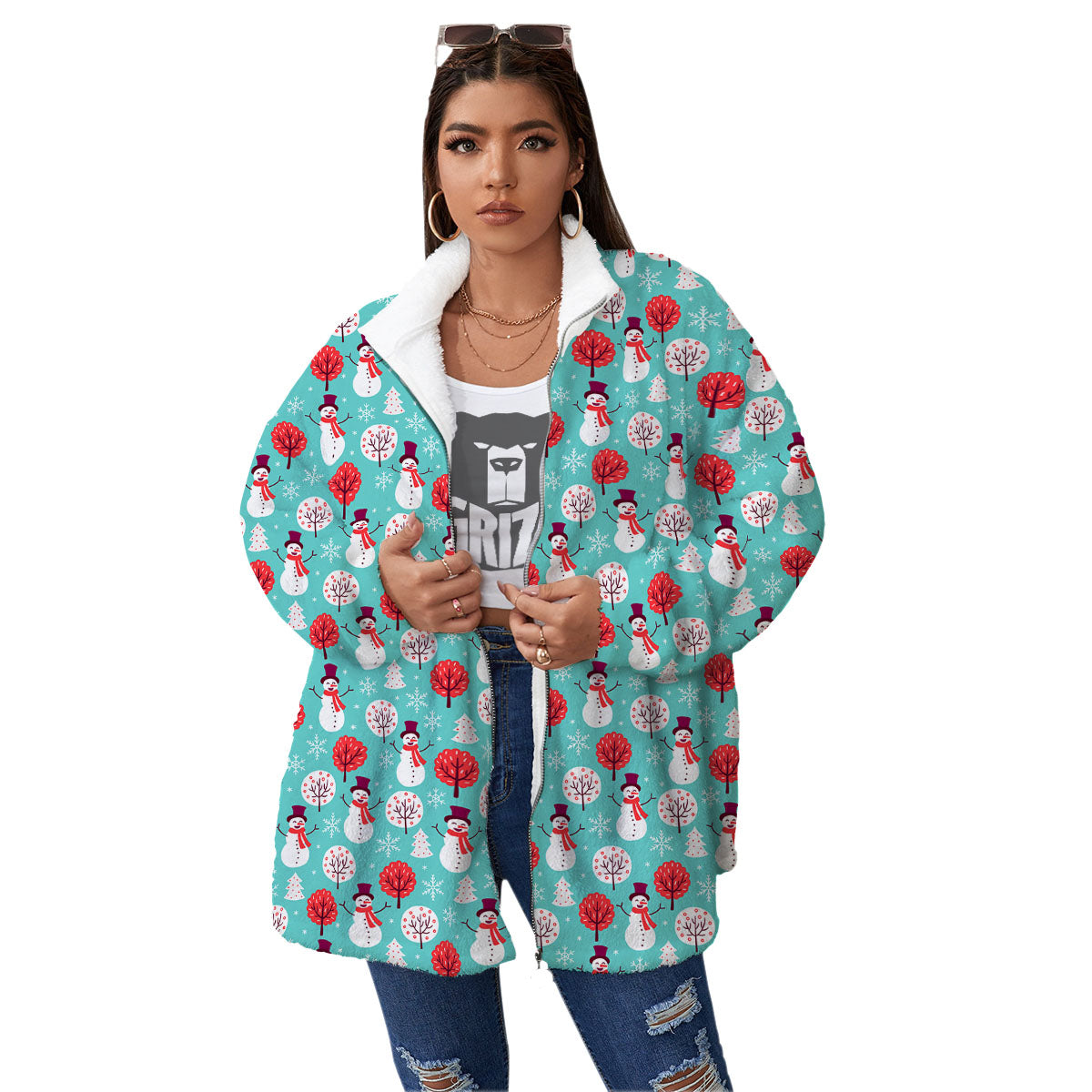 Happy Snowman Print Pattern Women's Sherpa Jacket-grizzshop