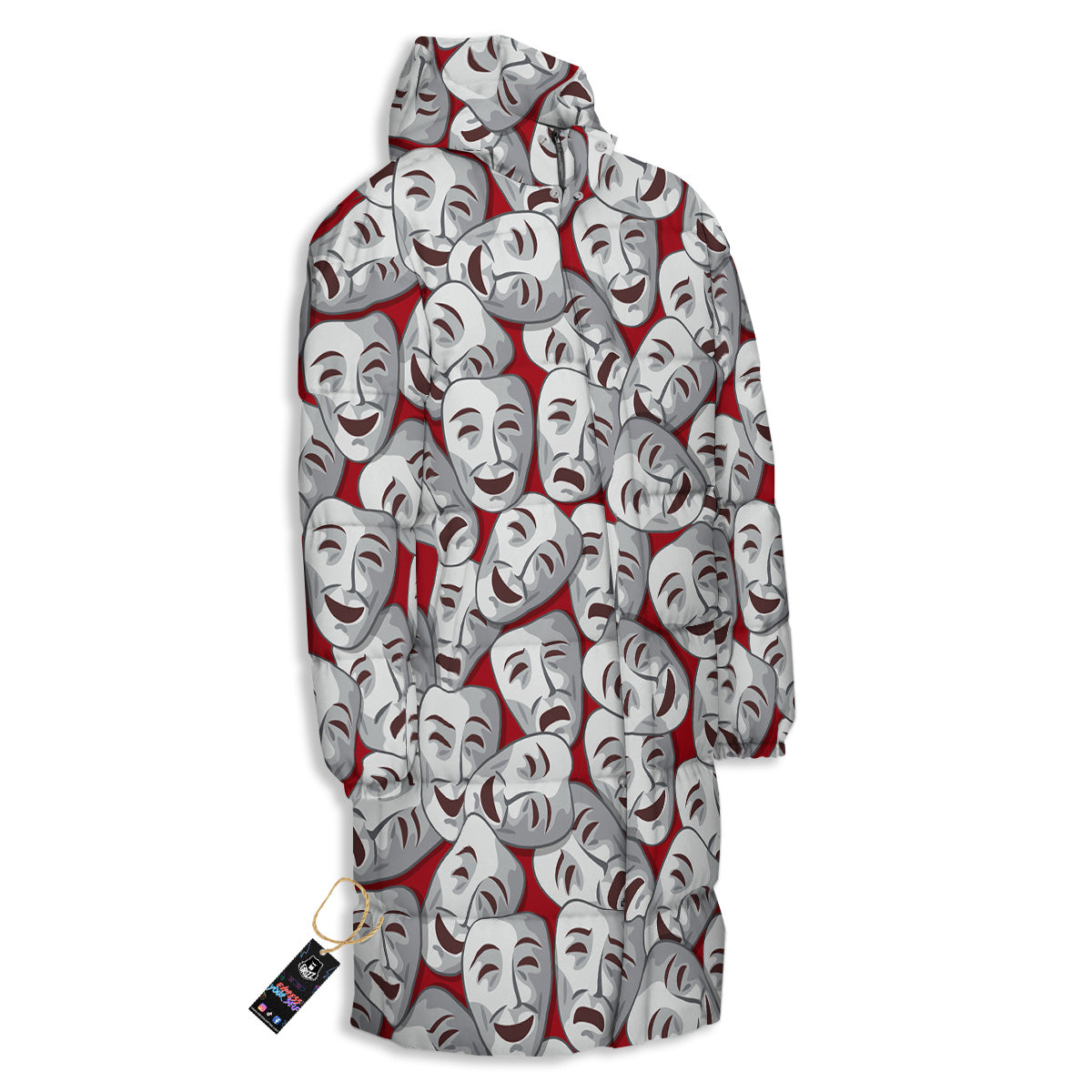 Happy And Sad Theatrical Masks Print Pattern Long Down Jacket