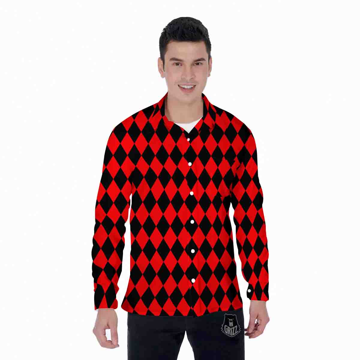 Harlequin Black And Red Print Pattern Men's Long Sleeve Shirts-grizzshop