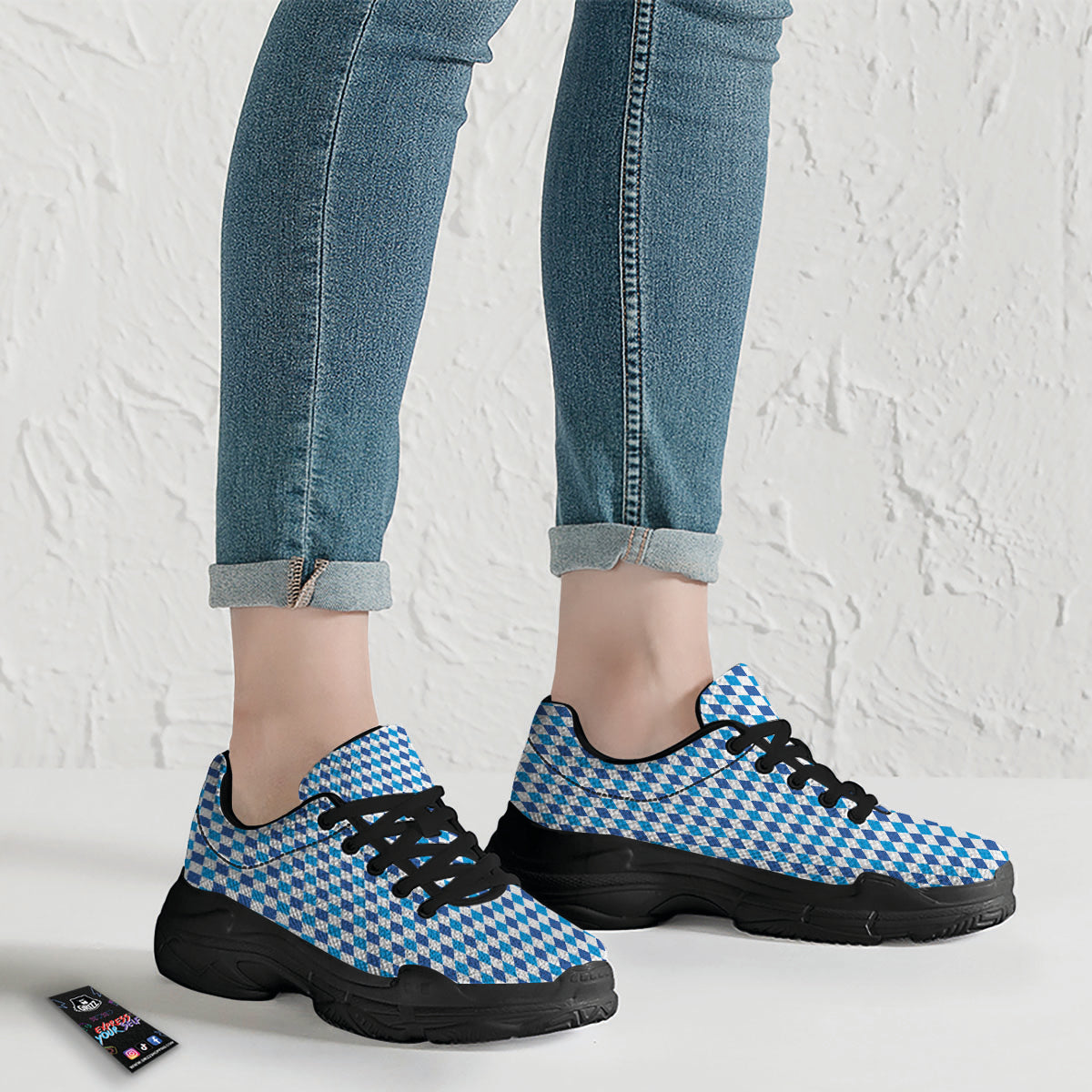 Harlequin Blue Print Pattern Black Chunky Shoes-grizzshop