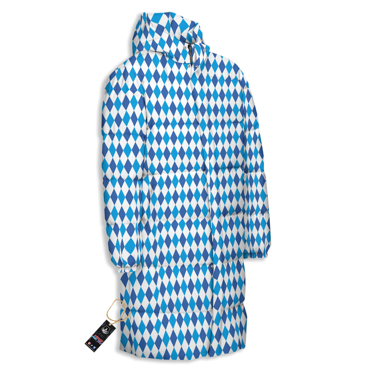 Harlequin Blue Print Pattern Long Down Jacket-grizzshop