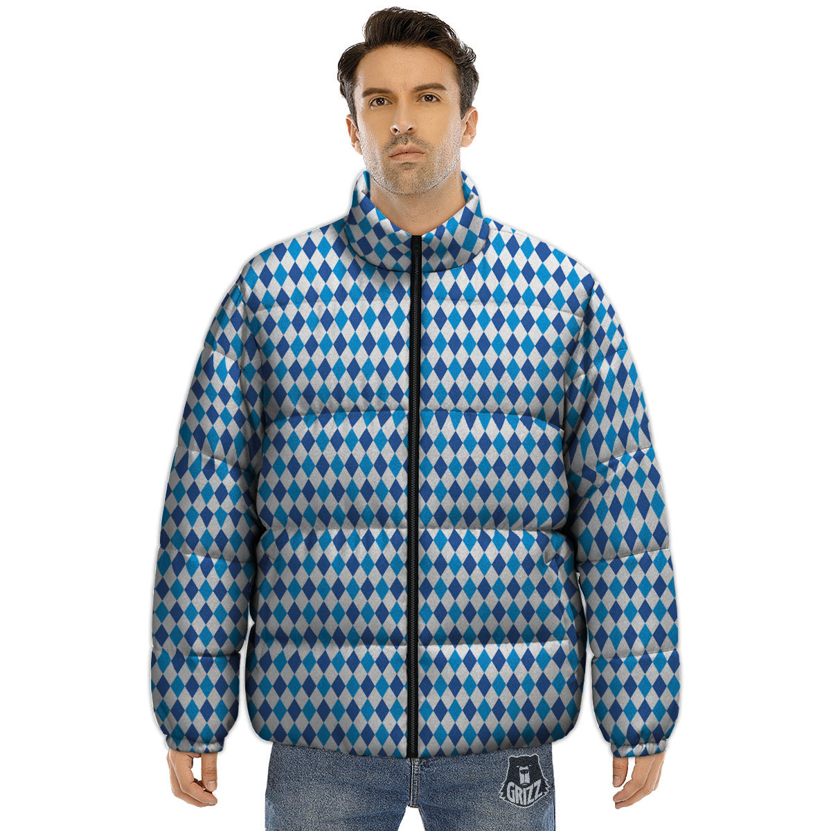 Harlequin Blue Print Pattern Puffer Jacket-grizzshop