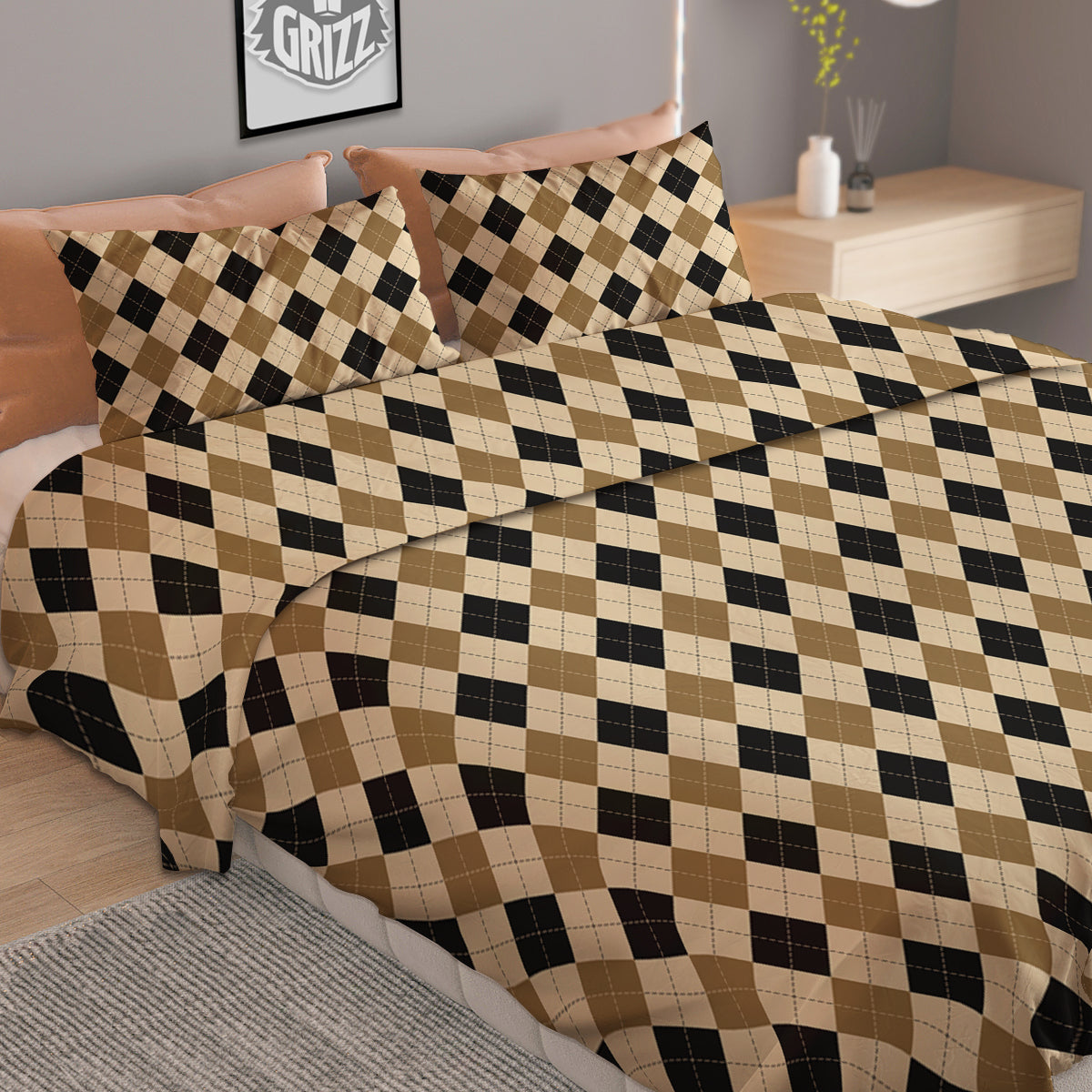Harlequin Gold And Black Print Pattern Duvet Cover Bedding Set