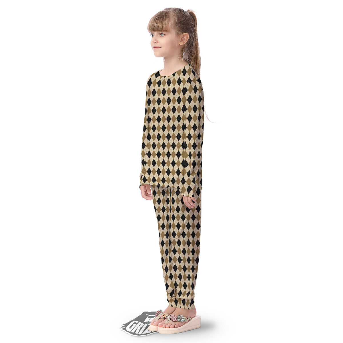 Harlequin Gold And Black Print Pattern Kid's Pajamas-grizzshop