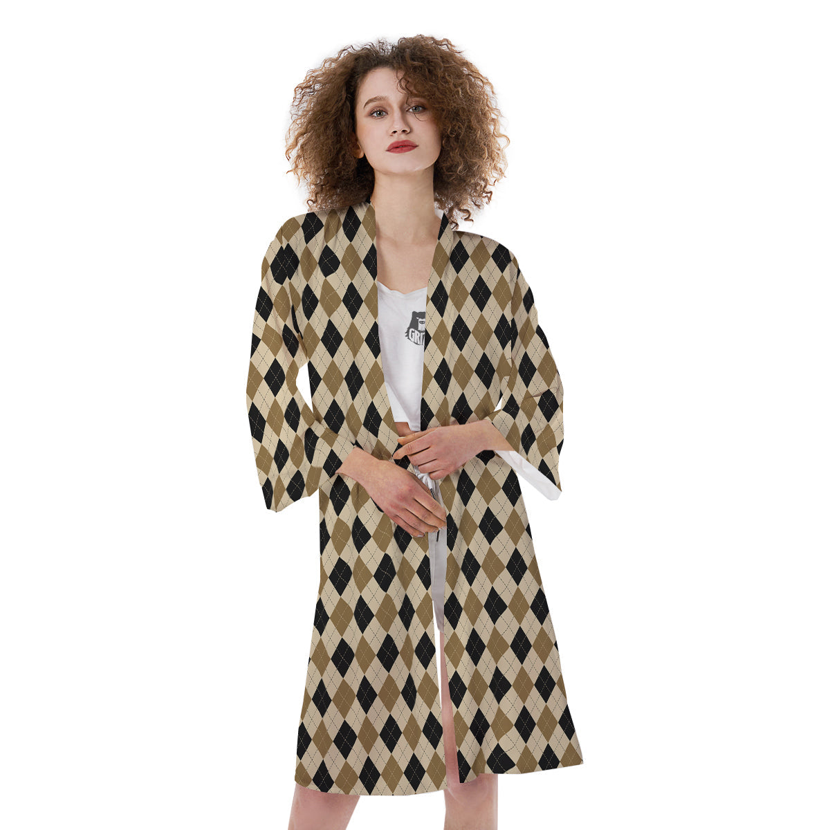 Harlequin Gold And Black Print Pattern Kimono-grizzshop