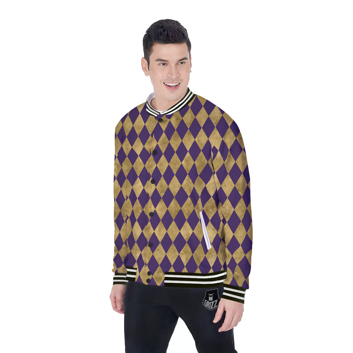 Harlequin Gold And Purple Print Pattern Baseball Jacket-grizzshop