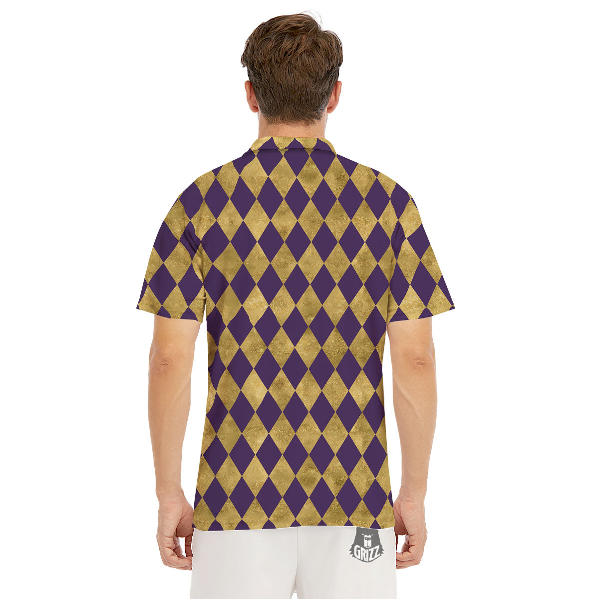 Harlequin Gold And Purple Print Pattern Men's Golf Shirts-grizzshop