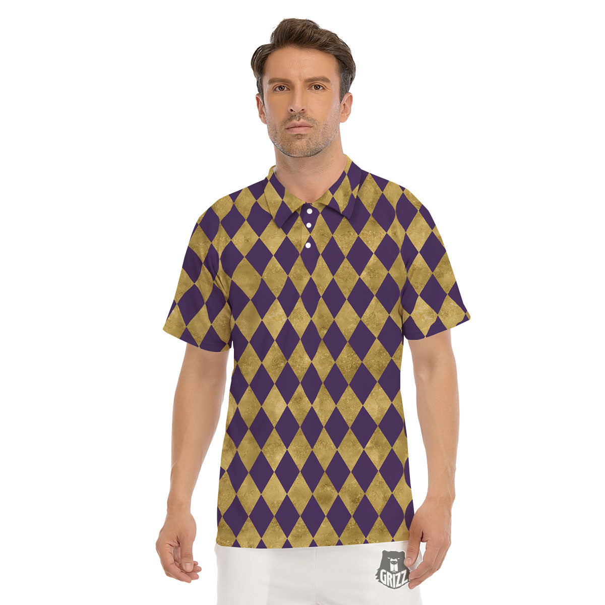 Harlequin Gold And Purple Print Pattern Men's Golf Shirts-grizzshop