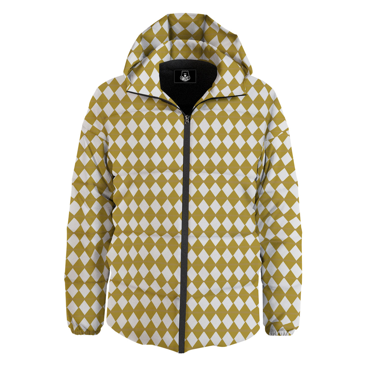 Harlequin Gold And White Print Pattern Down Jacket-grizzshop