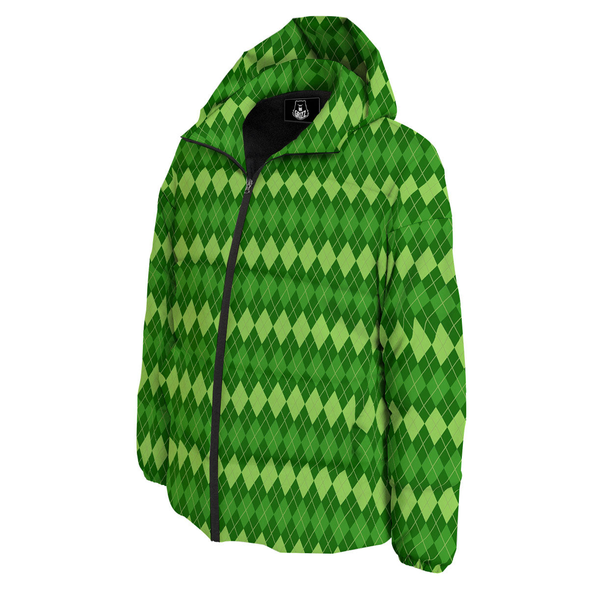 Harlequin Green Print Pattern Down Jacket-grizzshop