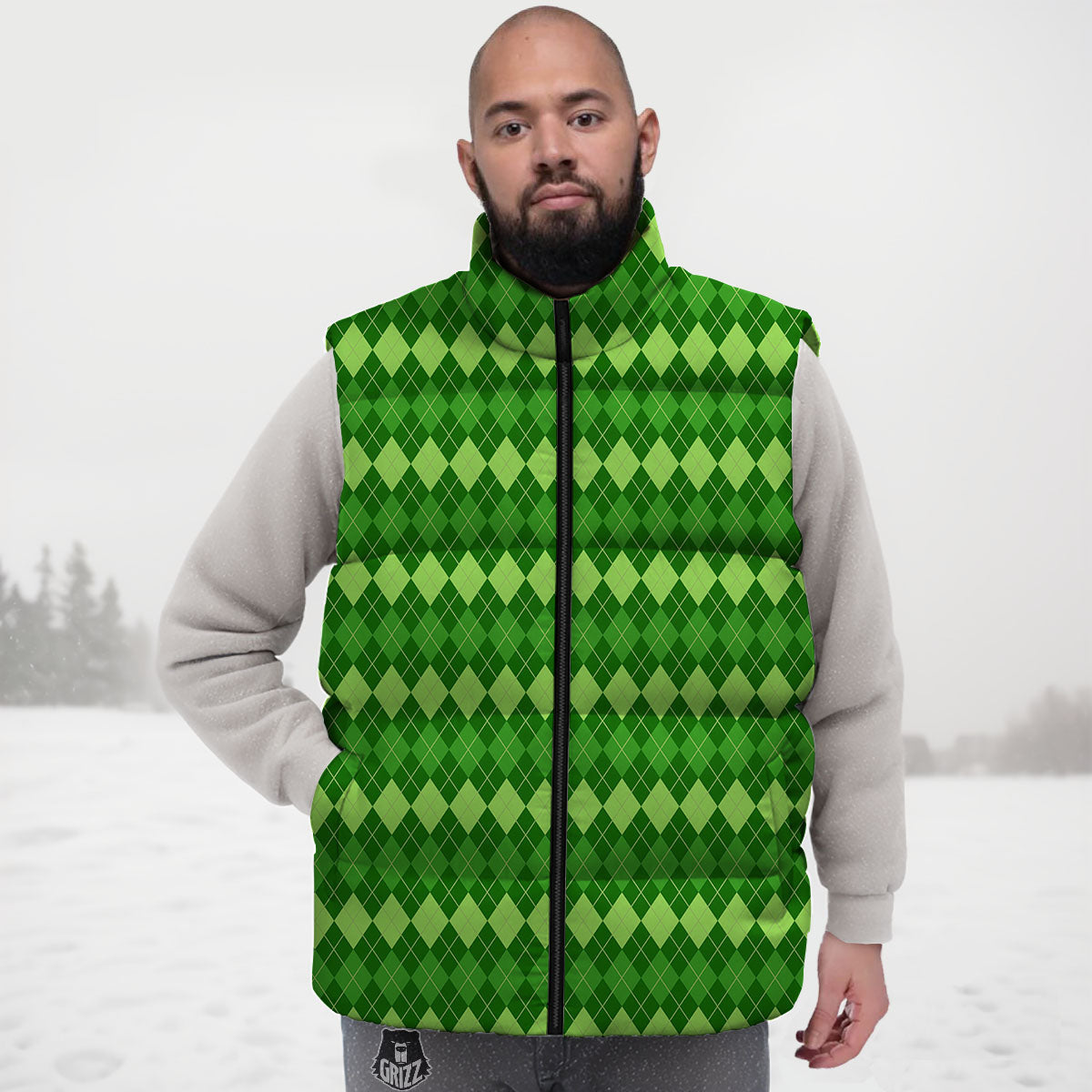 Harlequin Green Print Pattern Down Vest-grizzshop