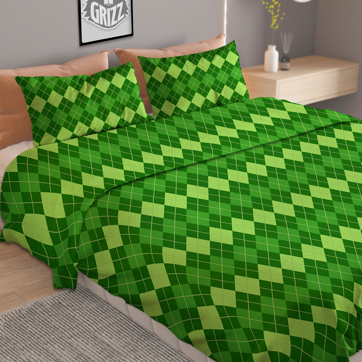 Harlequin Green Print Pattern Duvet Cover Bedding Set