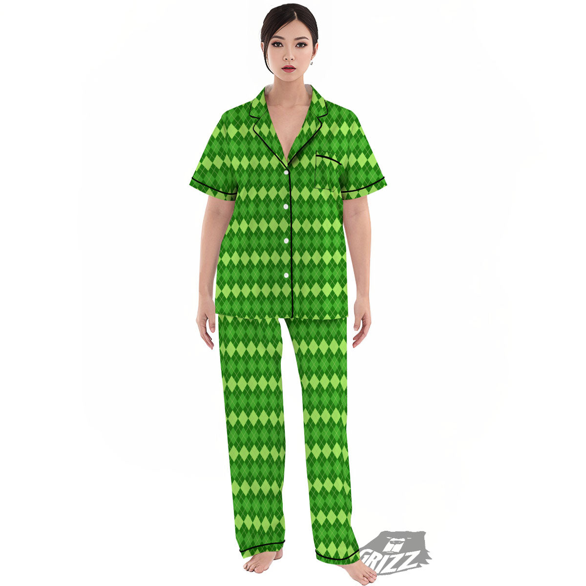 Harlequin Green Print Pattern Women's Pajamas Set-grizzshop