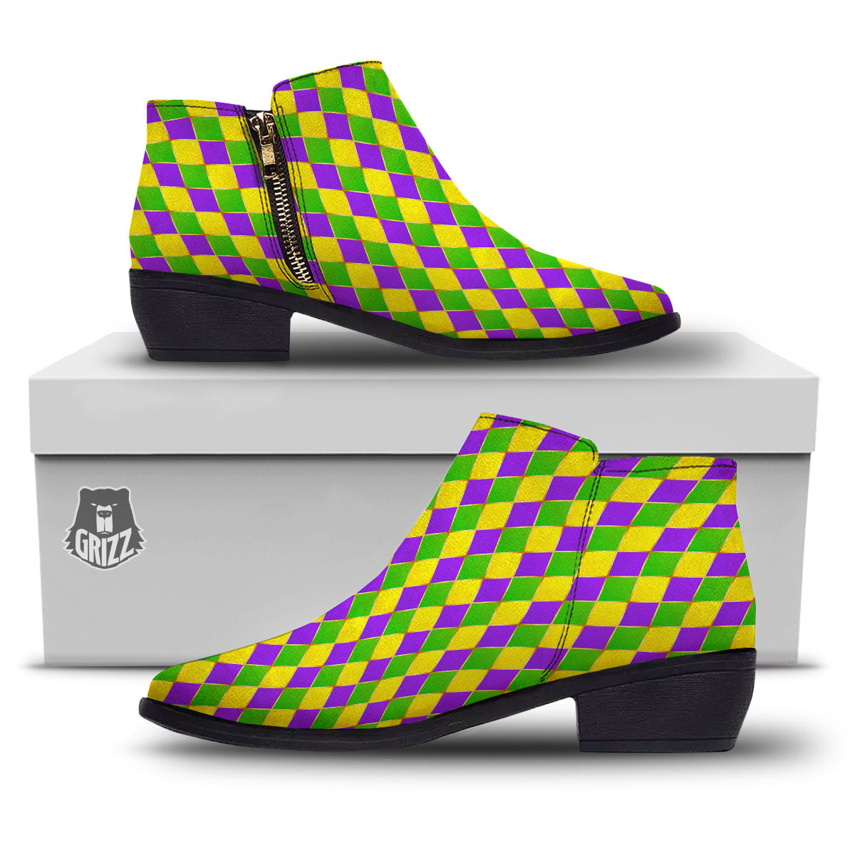 Harlequin Mardi Gras Print Pattern Ankle Boots-grizzshop