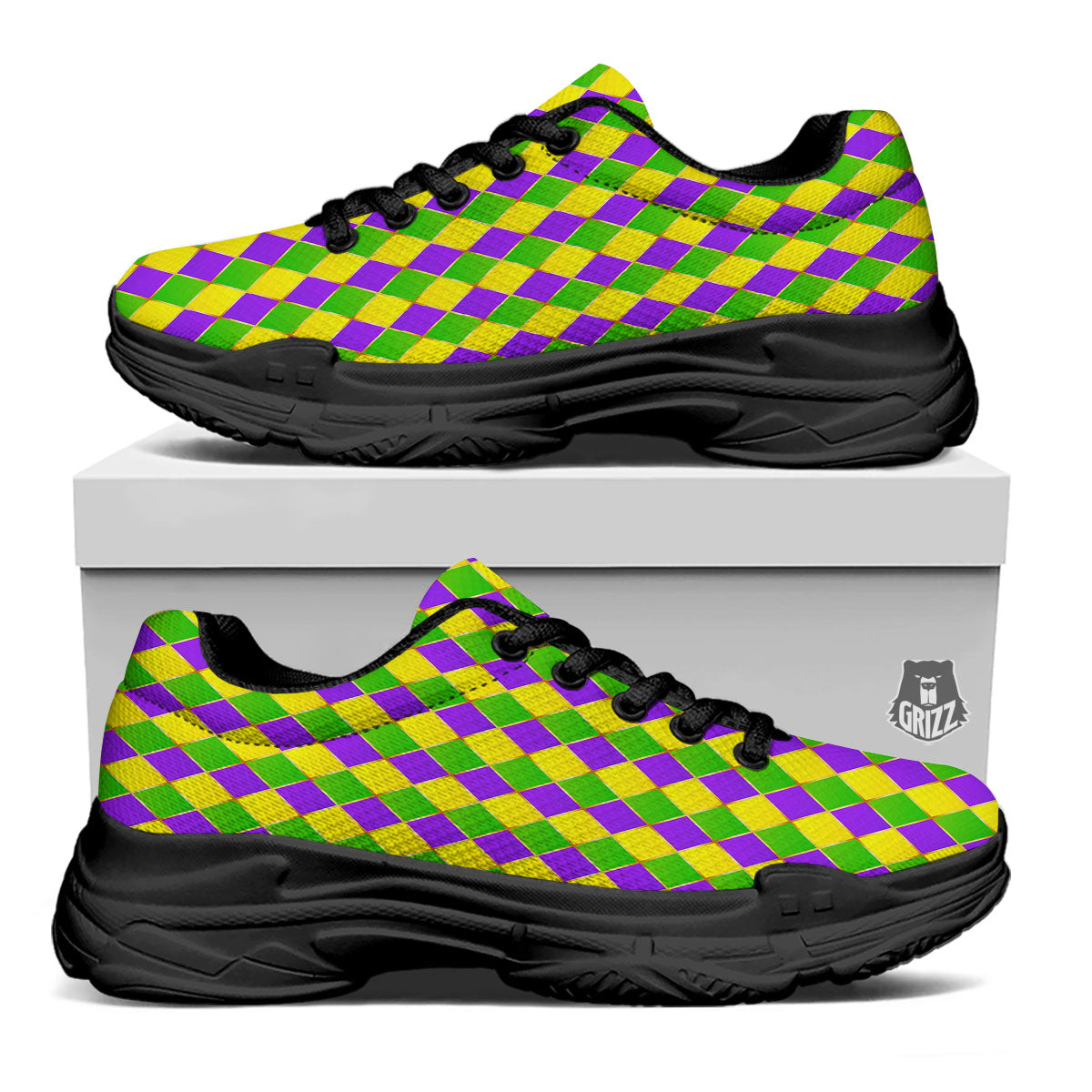 Harlequin Mardi Gras Print Pattern Black Chunky Shoes-grizzshop