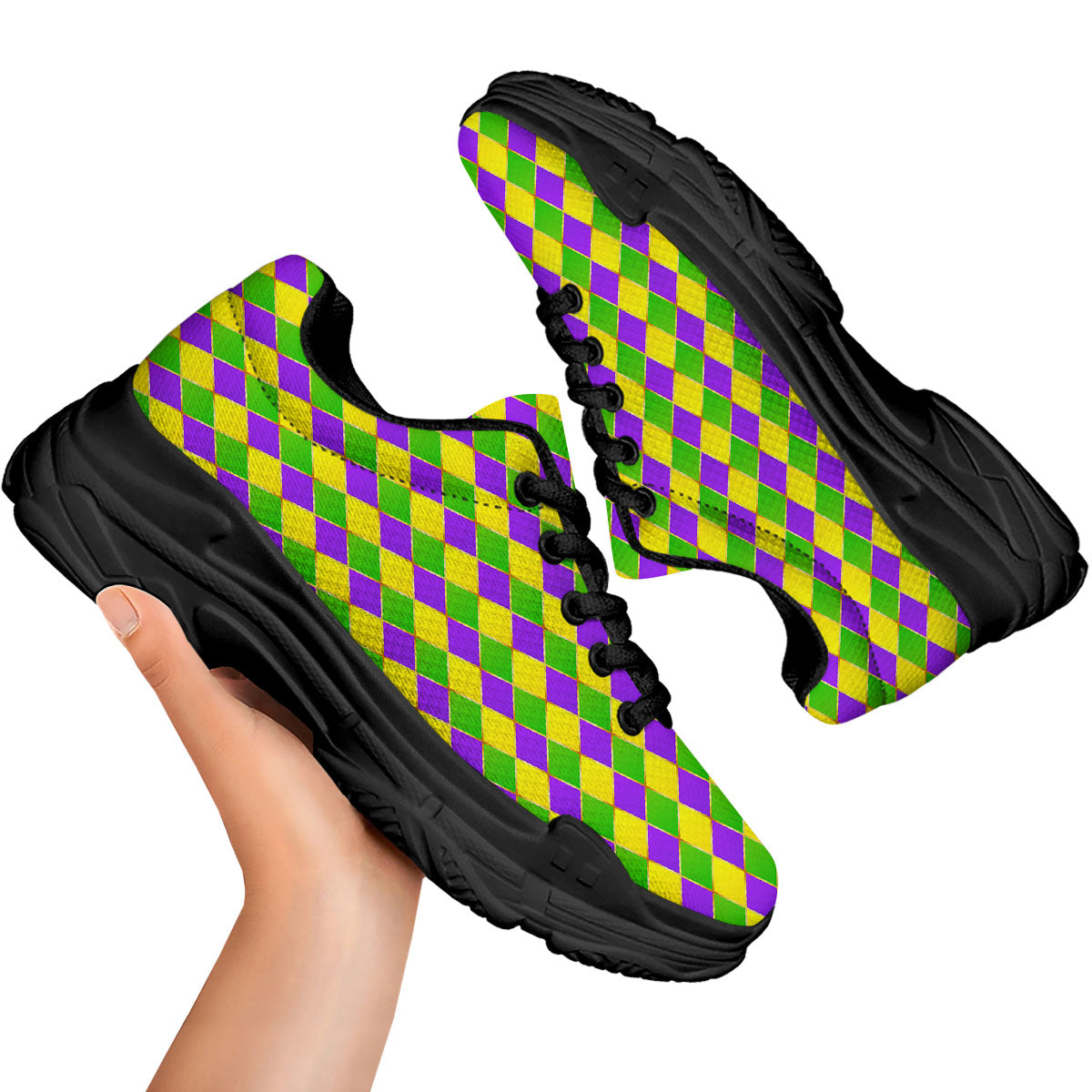 Harlequin Mardi Gras Print Pattern Black Chunky Shoes-grizzshop