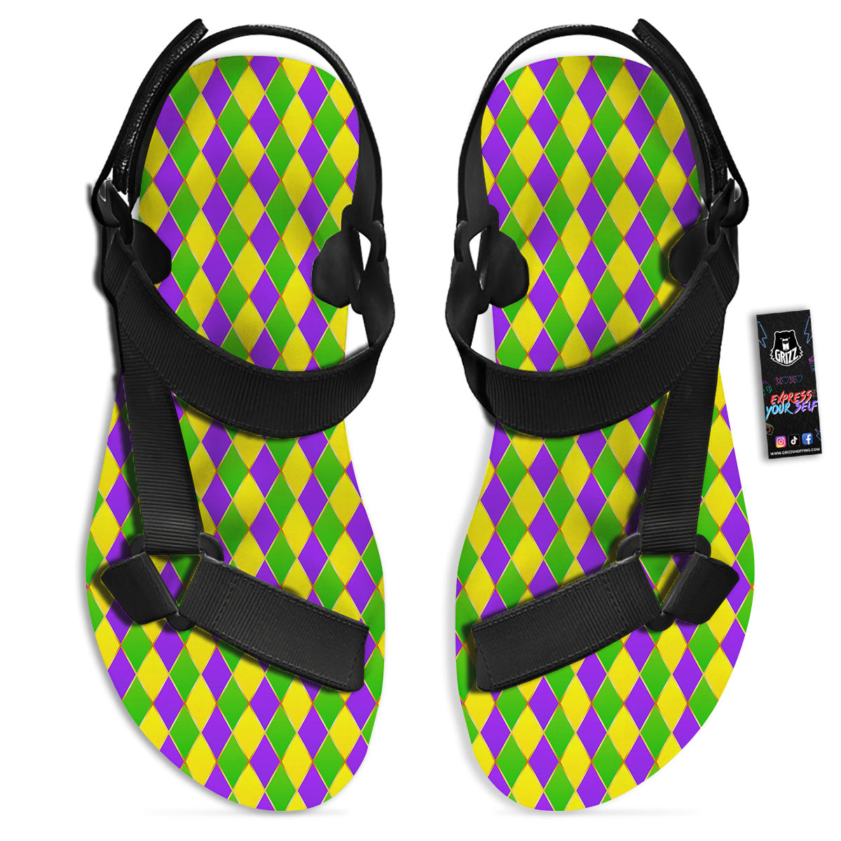 Harlequin Mardi Gras Print Pattern Black Open Toe Sandals-grizzshop