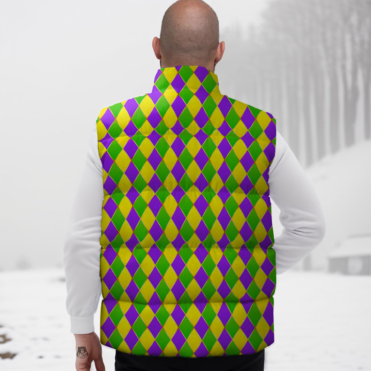 Harlequin Mardi Gras Print Pattern Down Vest