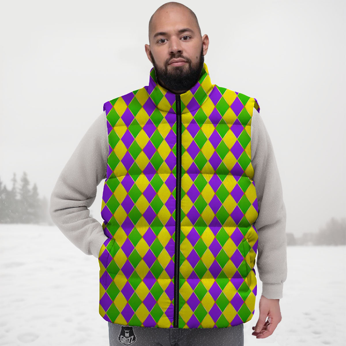 Harlequin Mardi Gras Print Pattern Down Vest