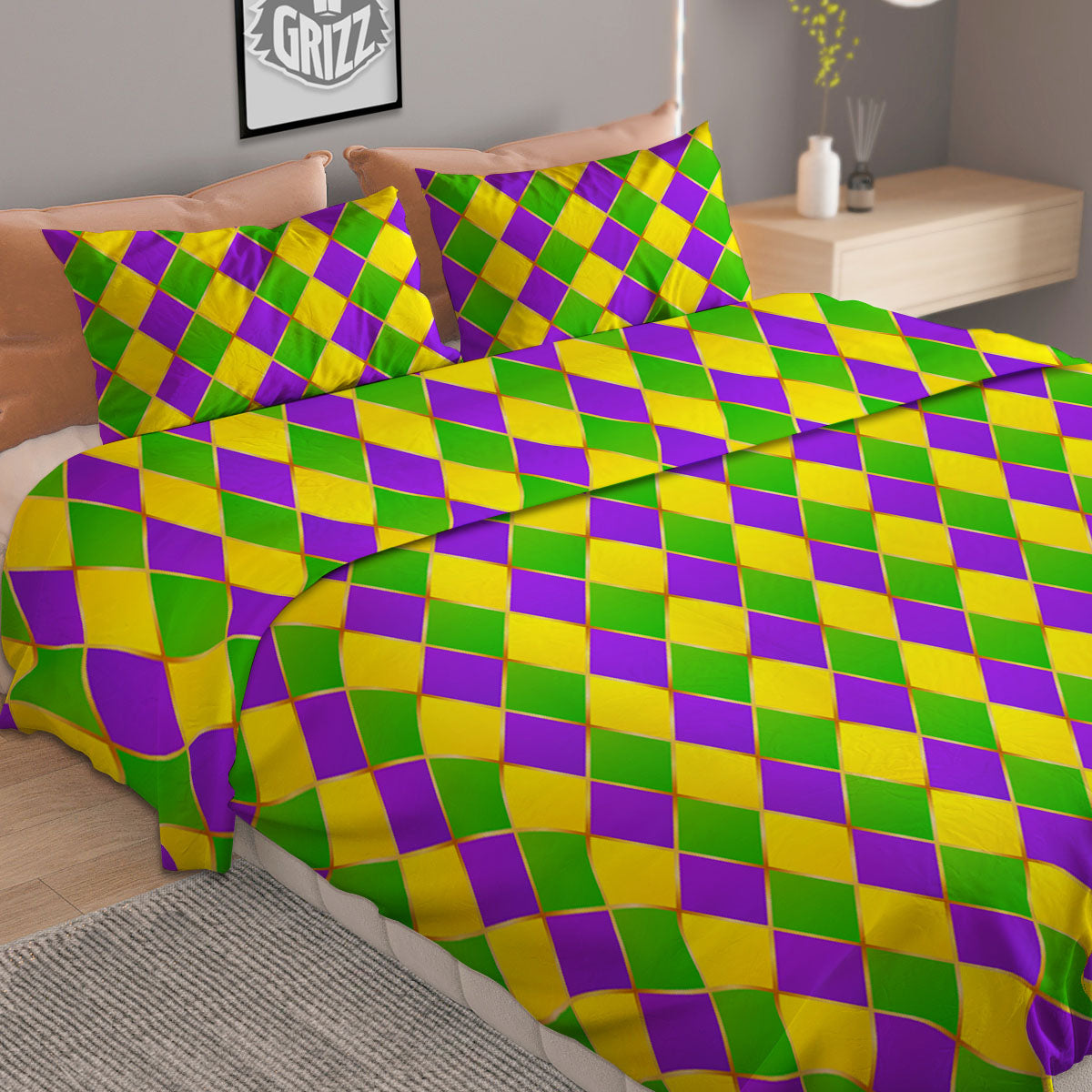 Harlequin Mardi Gras Print Pattern Duvet Cover Bedding Set