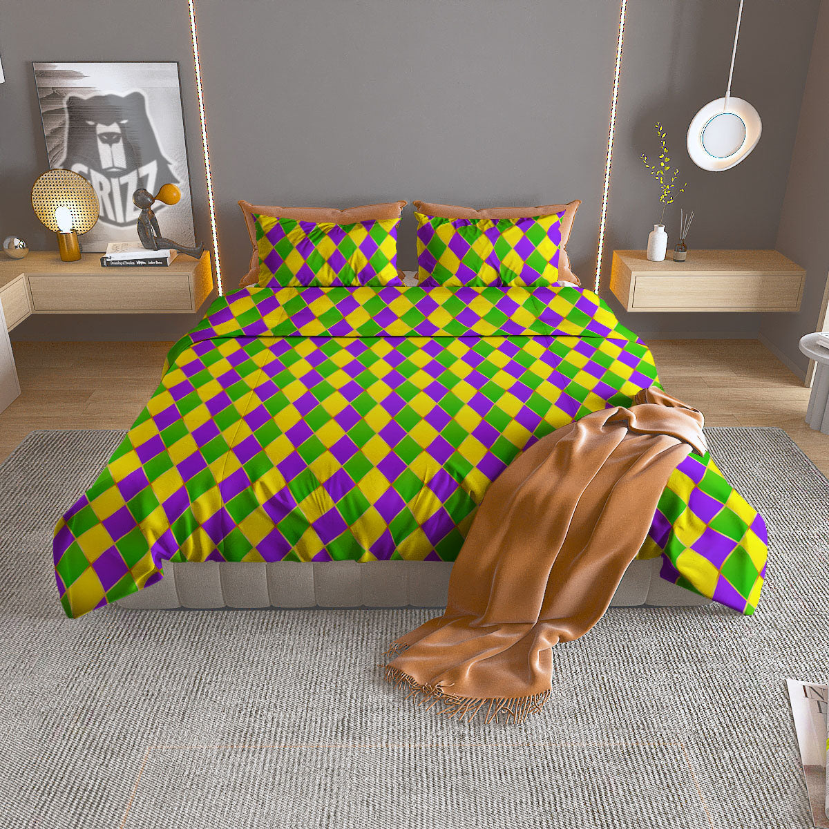 Harlequin Mardi Gras Print Pattern Duvet Cover Bedding Set