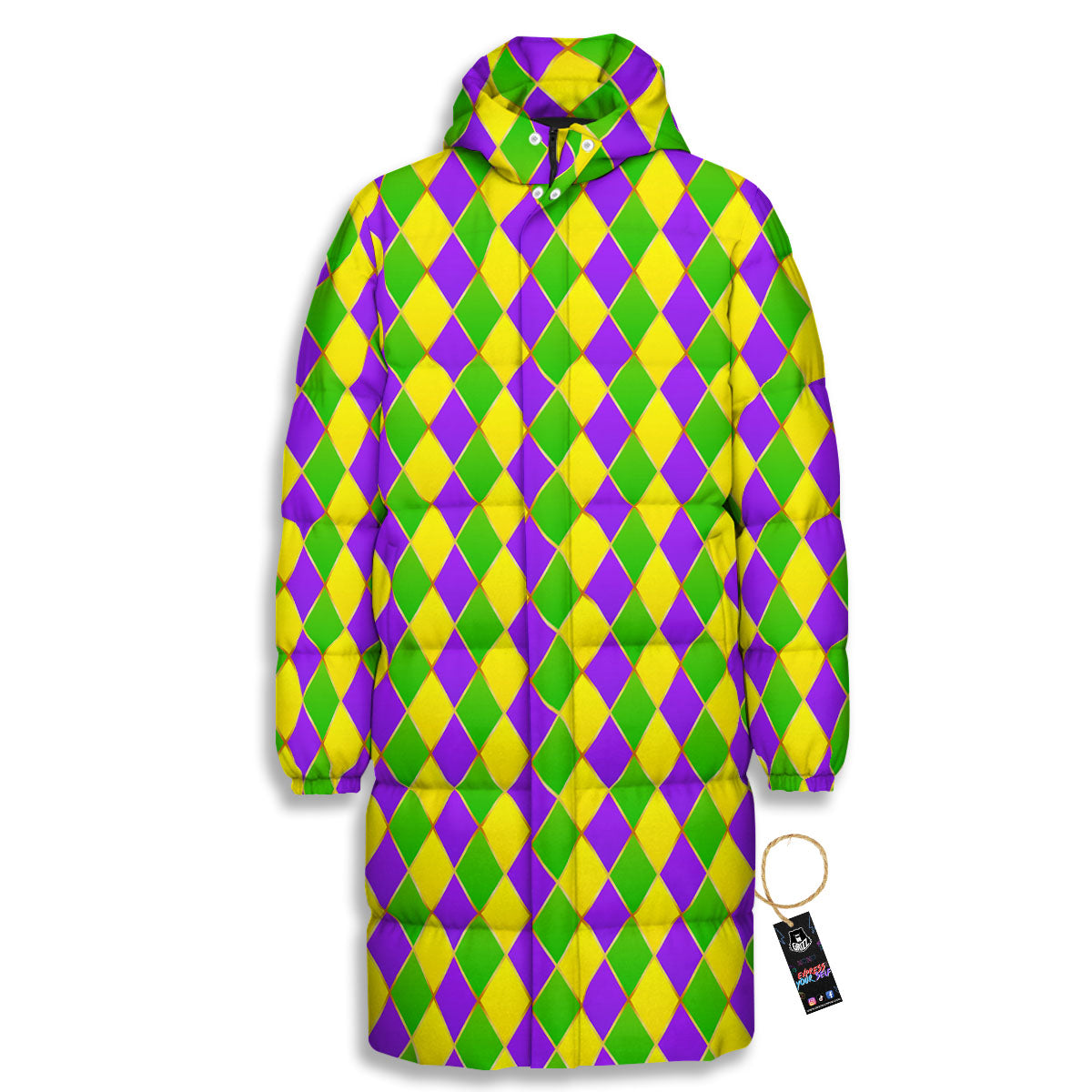 Harlequin Mardi Gras Print Pattern Long Down Jacket-grizzshop