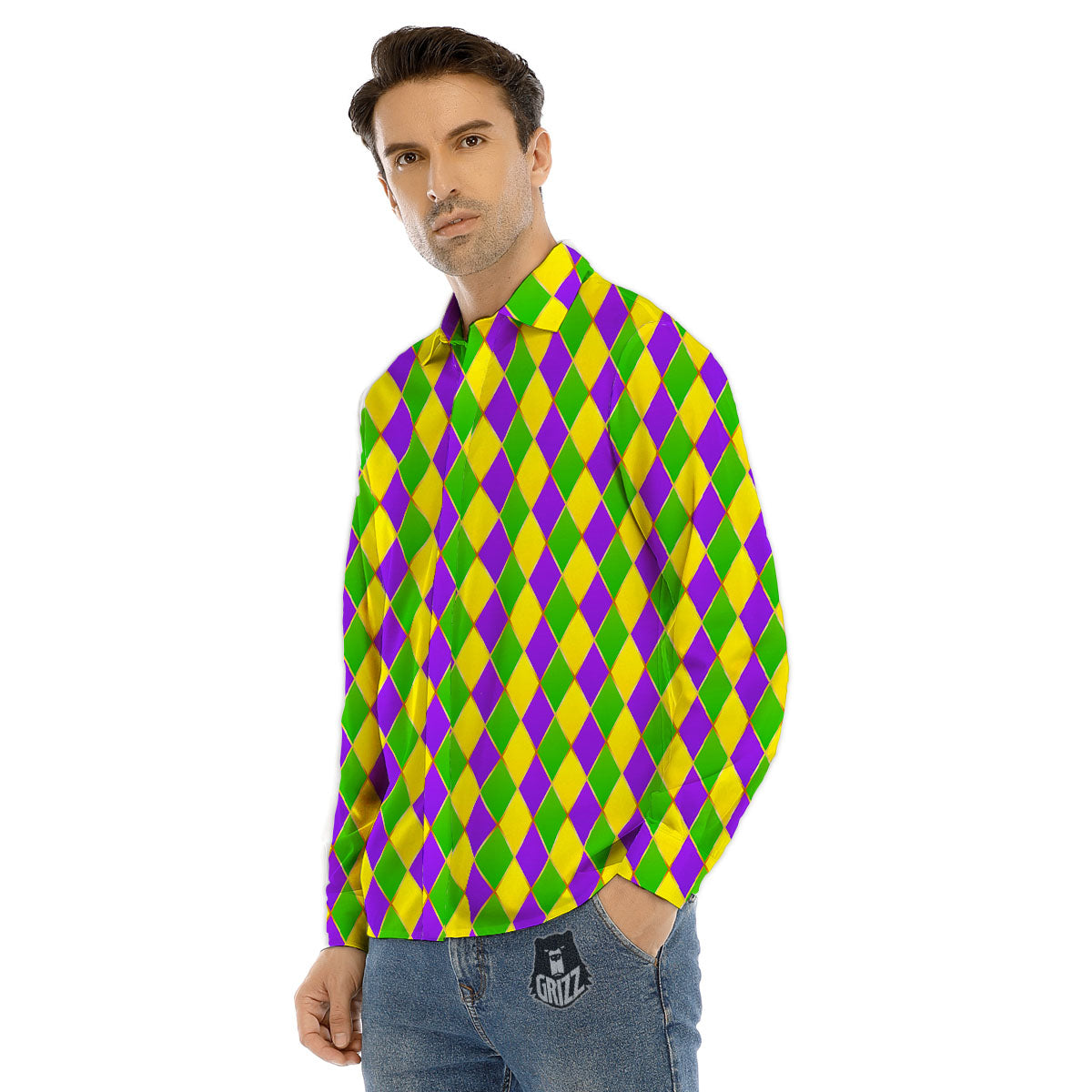 Harlequin Mardi Gras Print Pattern Men's Dress Shirts-grizzshop