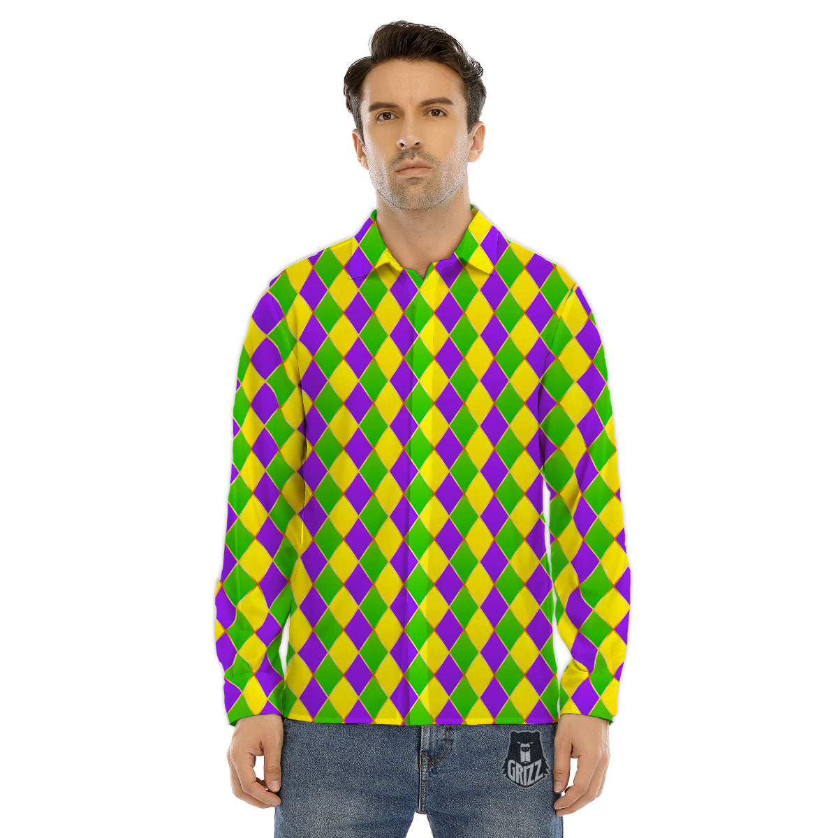 Harlequin Mardi Gras Print Pattern Men's Dress Shirts-grizzshop