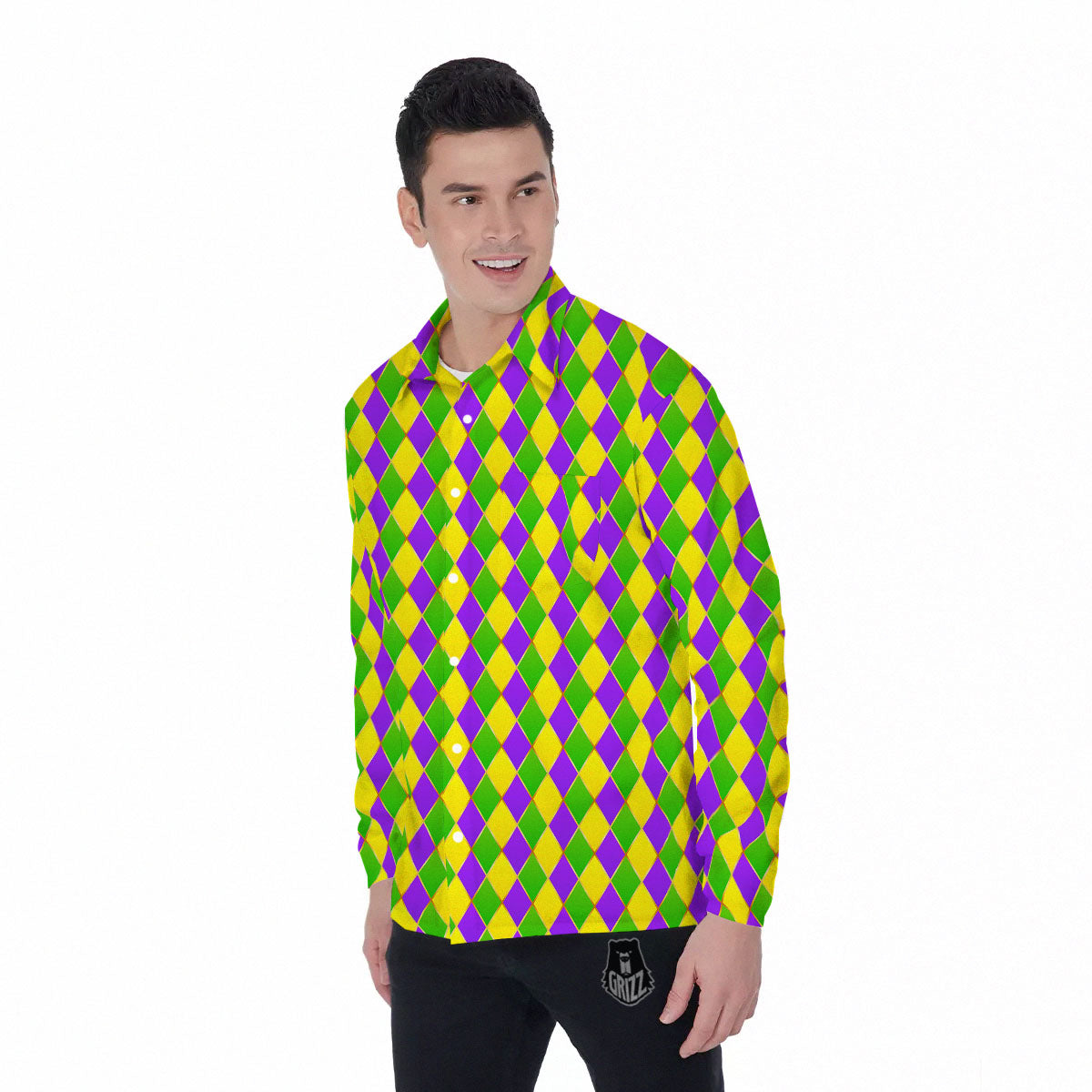 Harlequin Mardi Gras Print Pattern Men's Long Sleeve Shirts-grizzshop