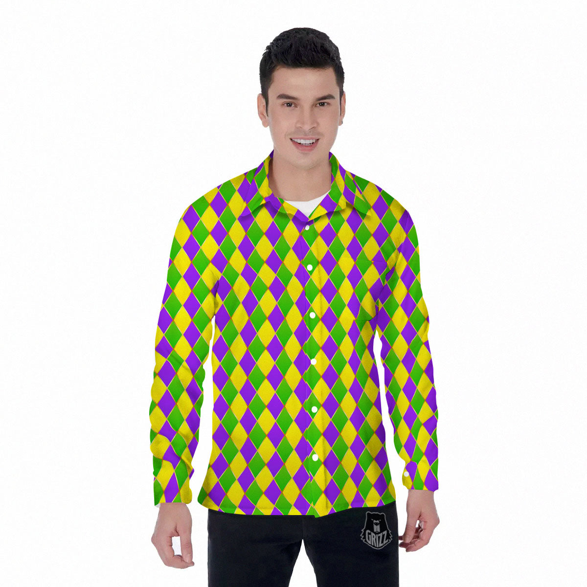 Harlequin Mardi Gras Print Pattern Men's Long Sleeve Shirts-grizzshop