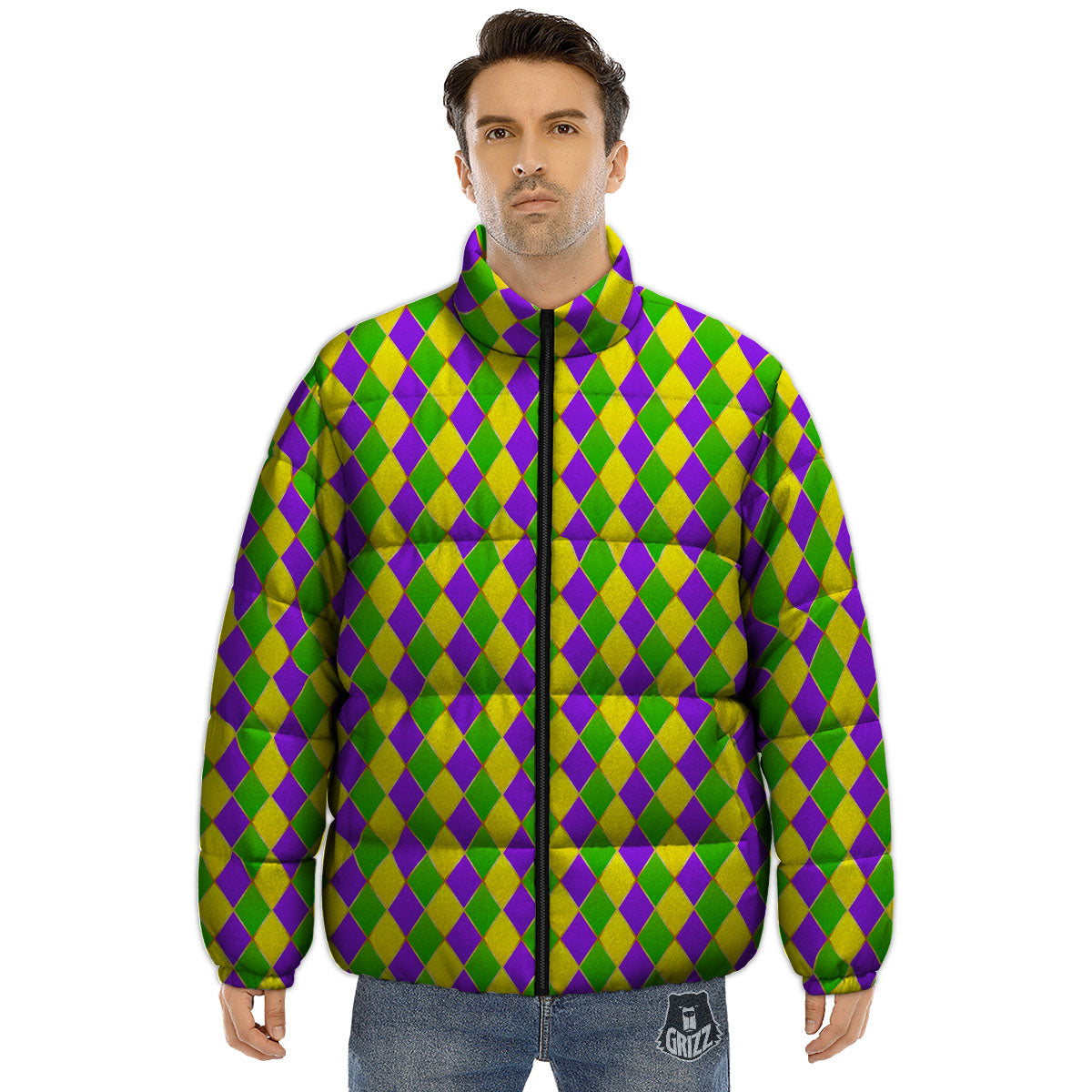 Harlequin Mardi Gras Print Pattern Puffer Jacket-grizzshop