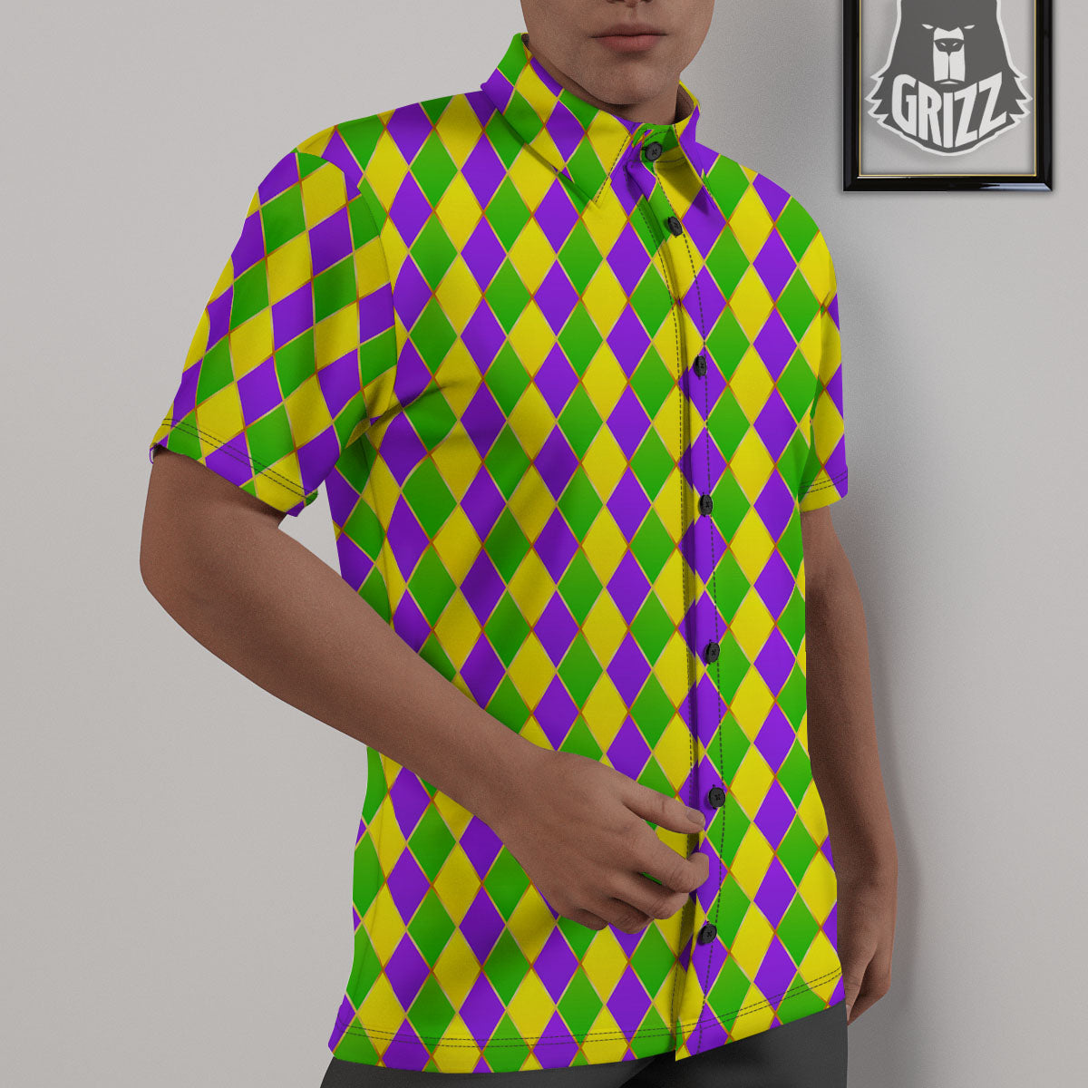 Harlequin Mardi Gras Print Pattern Untucked Shirts-grizzshop