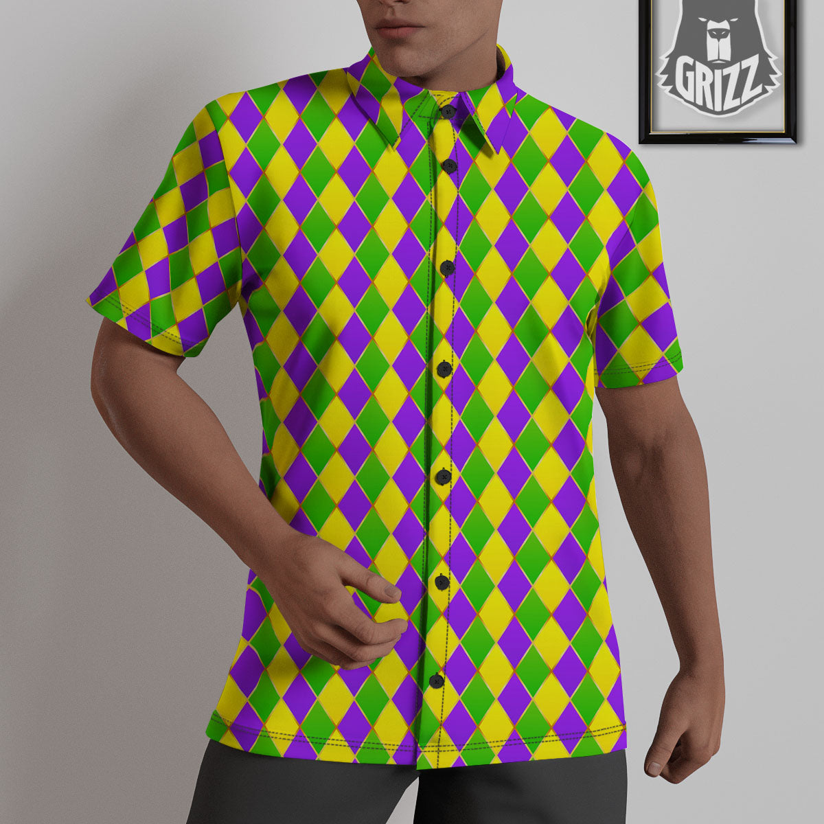 Harlequin Mardi Gras Print Pattern Untucked Shirts-grizzshop
