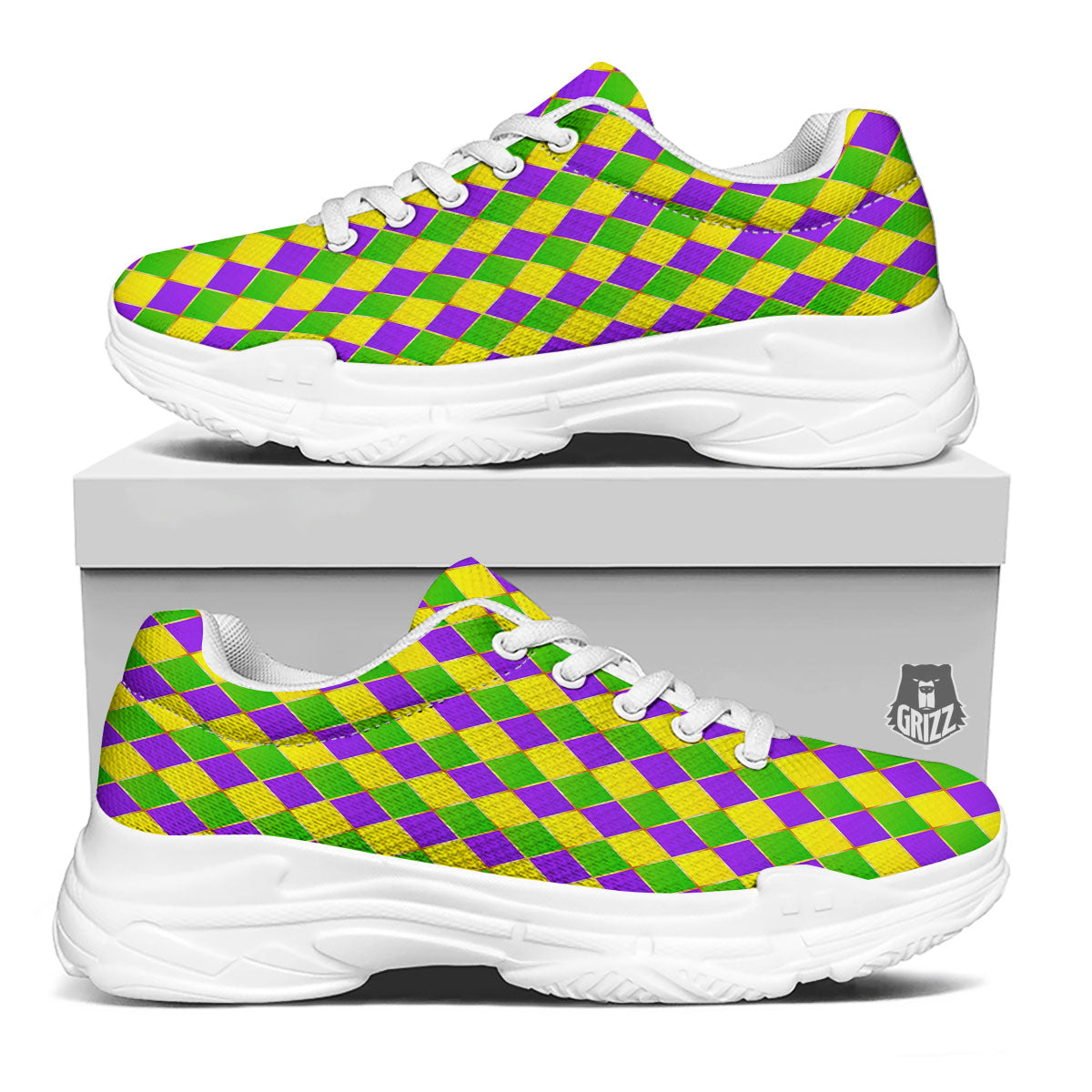 Harlequin Mardi Gras Print Pattern White Chunky Shoes-grizzshop