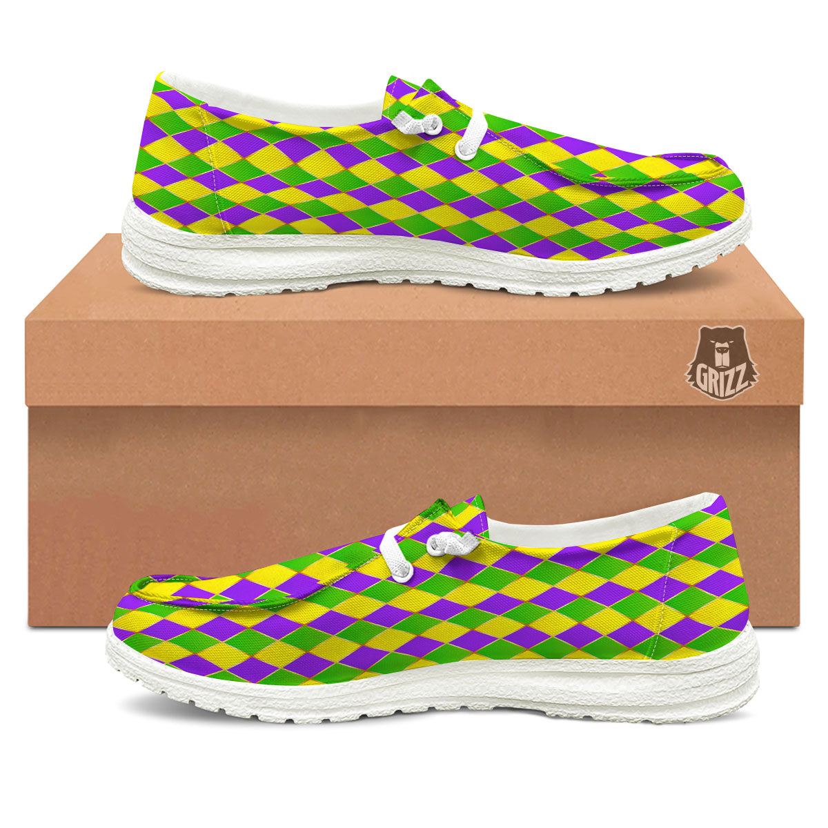 Harlequin Mardi Gras Print Pattern White Loafers-grizzshop