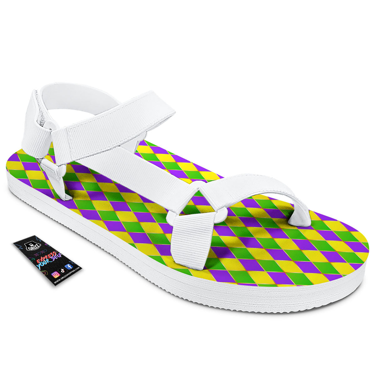 Harlequin Mardi Gras Print Pattern White Open Toe Sandals-grizzshop