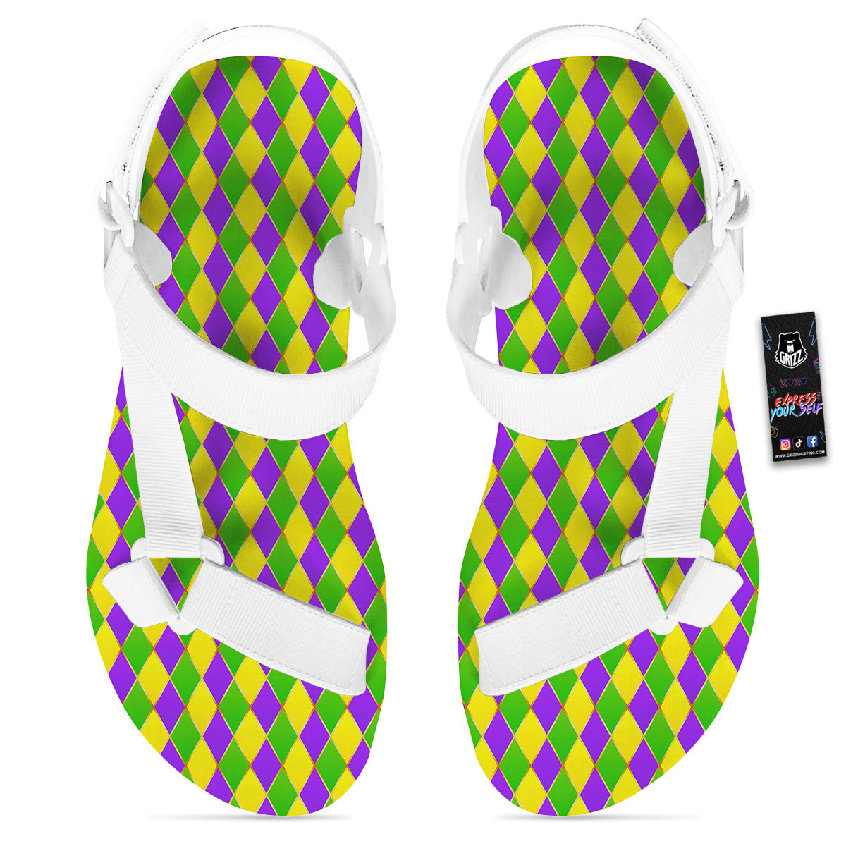 Harlequin Mardi Gras Print Pattern White Open Toe Sandals-grizzshop
