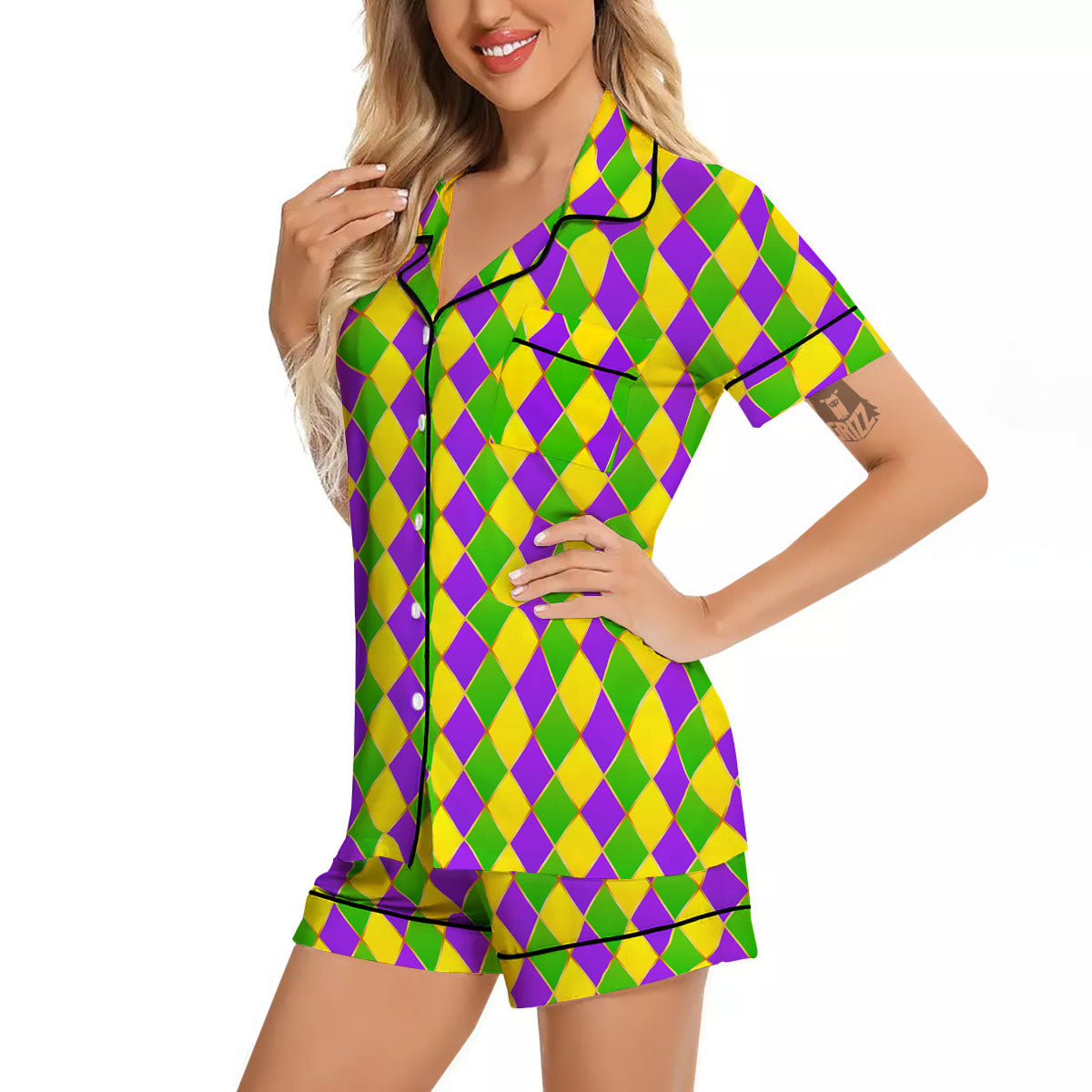 Harlequin Mardi Gras Print Pattern Women Silk Pajamas-grizzshop