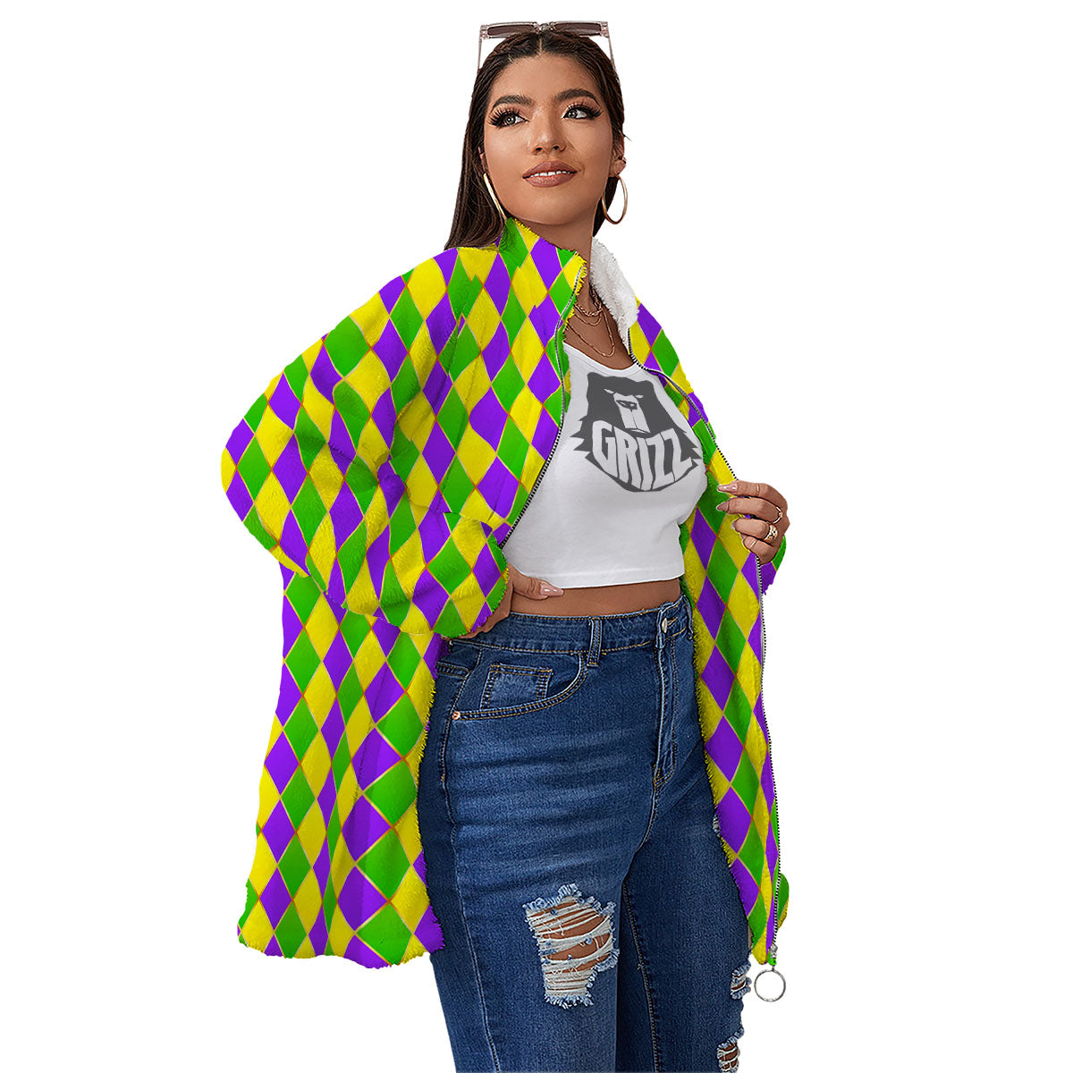 Harlequin Mardi Gras Print Pattern Women's Sherpa Jacket-grizzshop