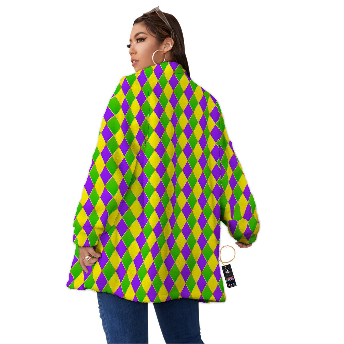 Harlequin Mardi Gras Print Pattern Women's Sherpa Jacket-grizzshop