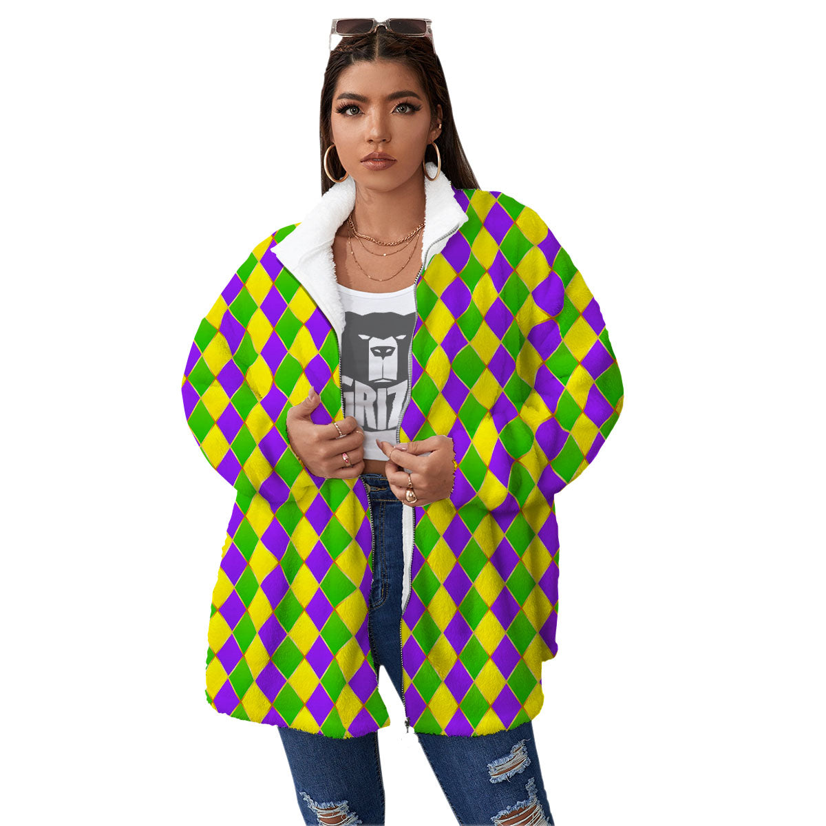 Harlequin Mardi Gras Print Pattern Women's Sherpa Jacket-grizzshop