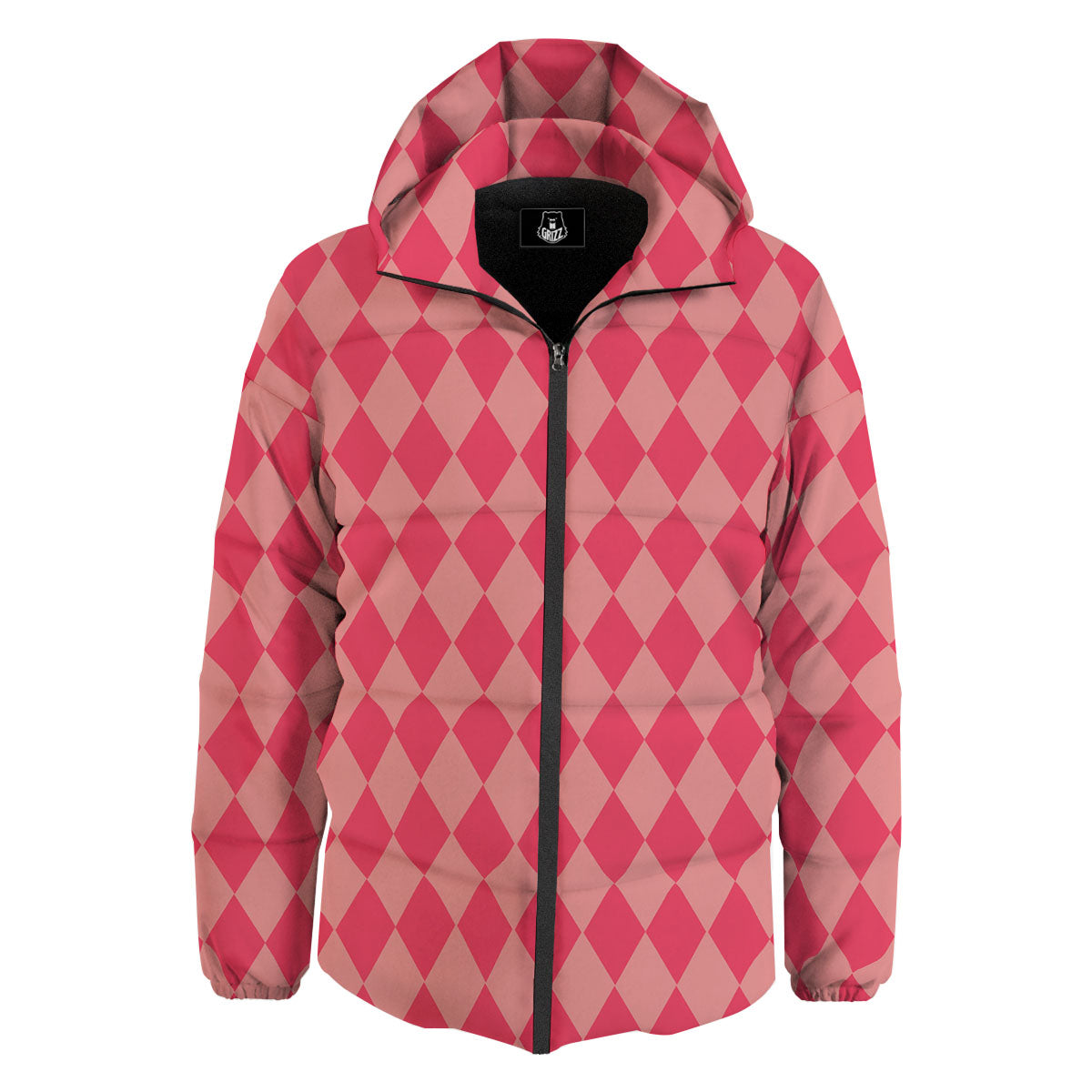 Harlequin Pink Print Pattern Down Jacket-grizzshop